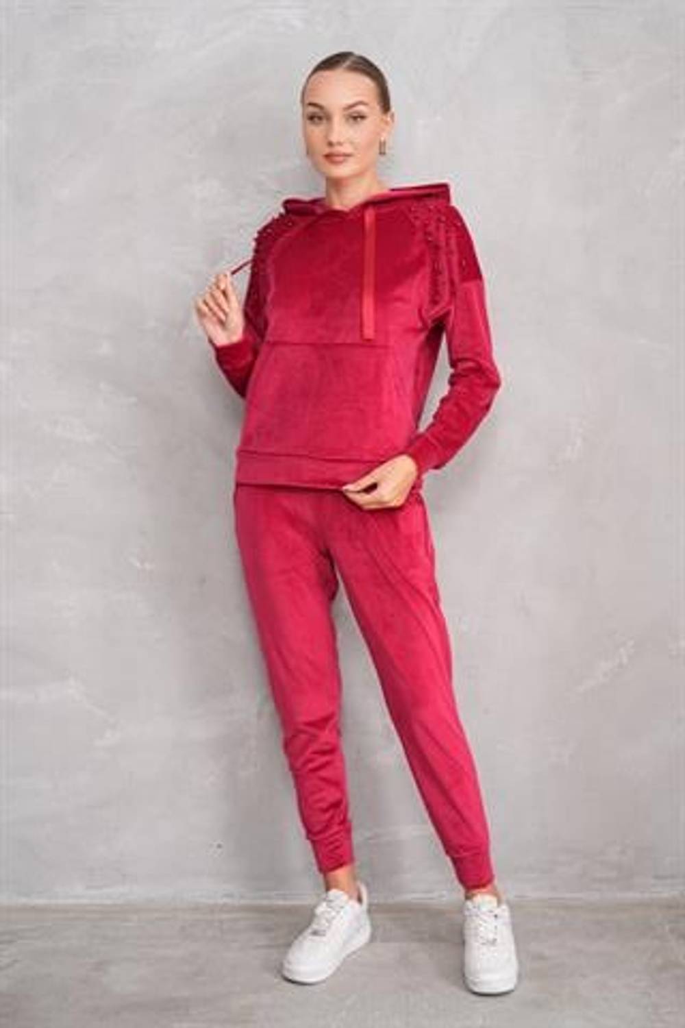 Kadın Soft Kadife Taşlı Eşofman Takımı BORDO