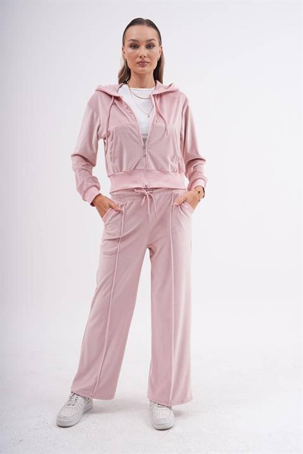 Жіночий м'який велюровий комплект з Palazzo штанами в кольорі пудри