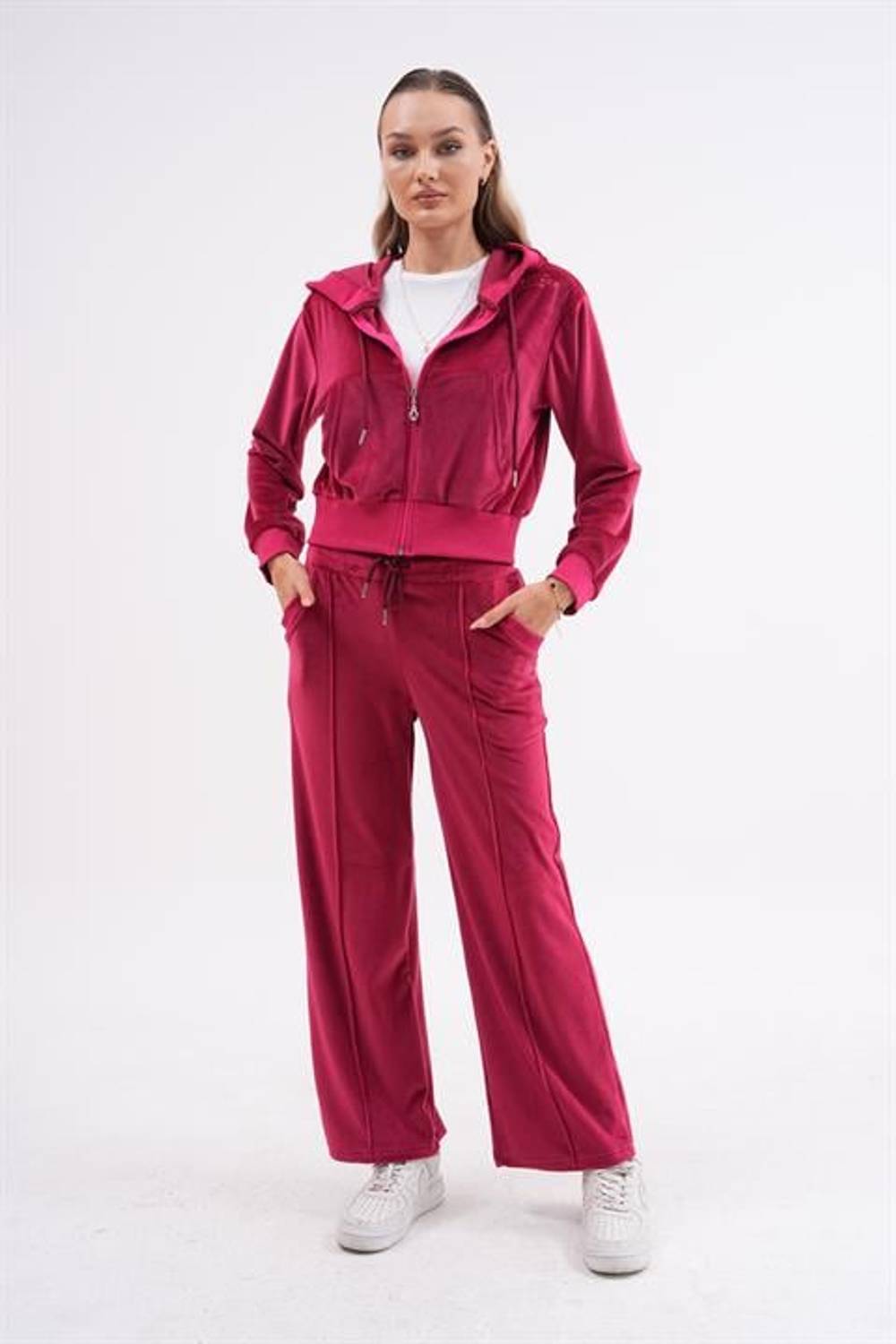 Kadın Soft Kadife Palazzo Paça Forever İkili Takımı BORDO