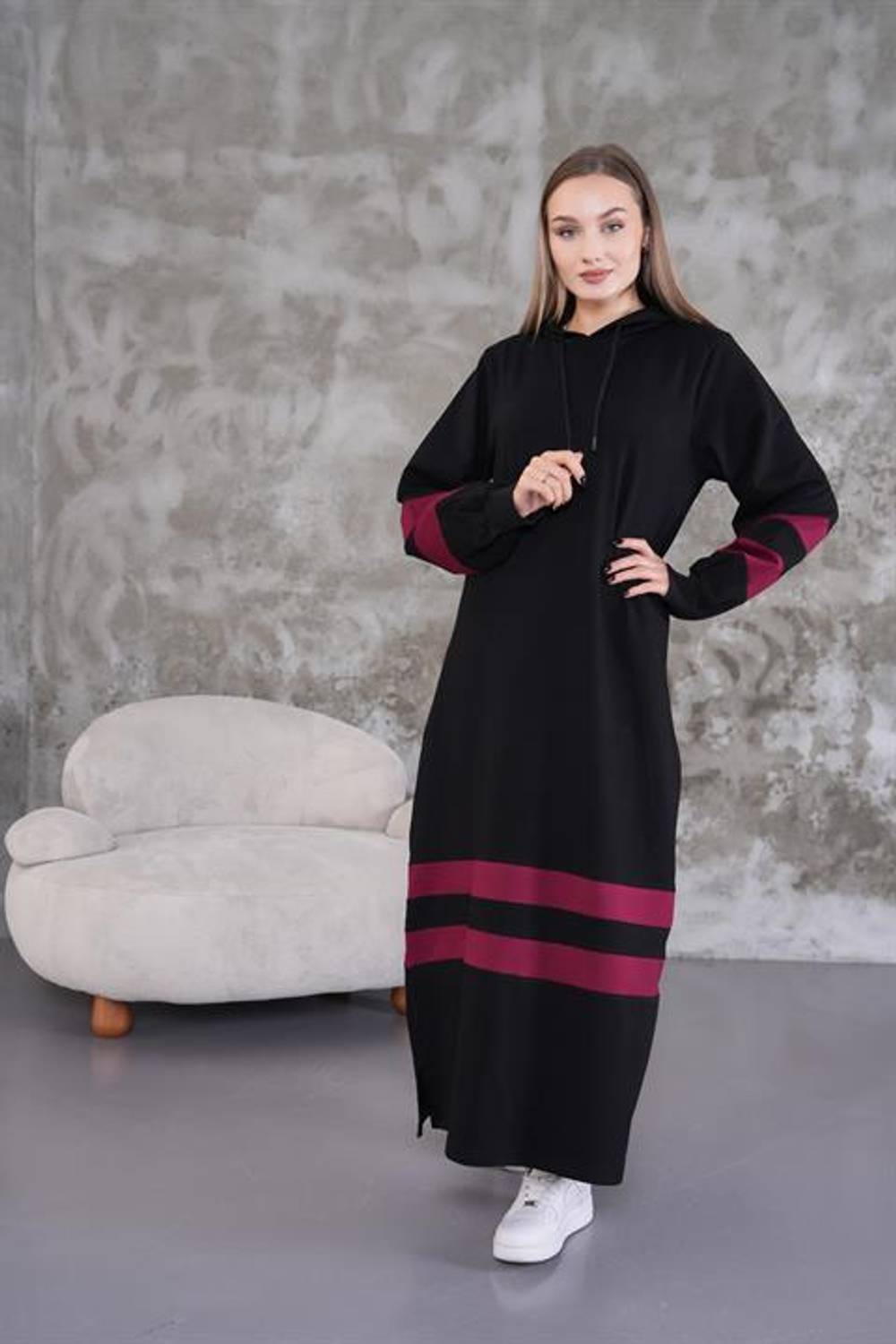 Kadın İkiiplik Şeritli Balon Kol Spor Elbise BORDO