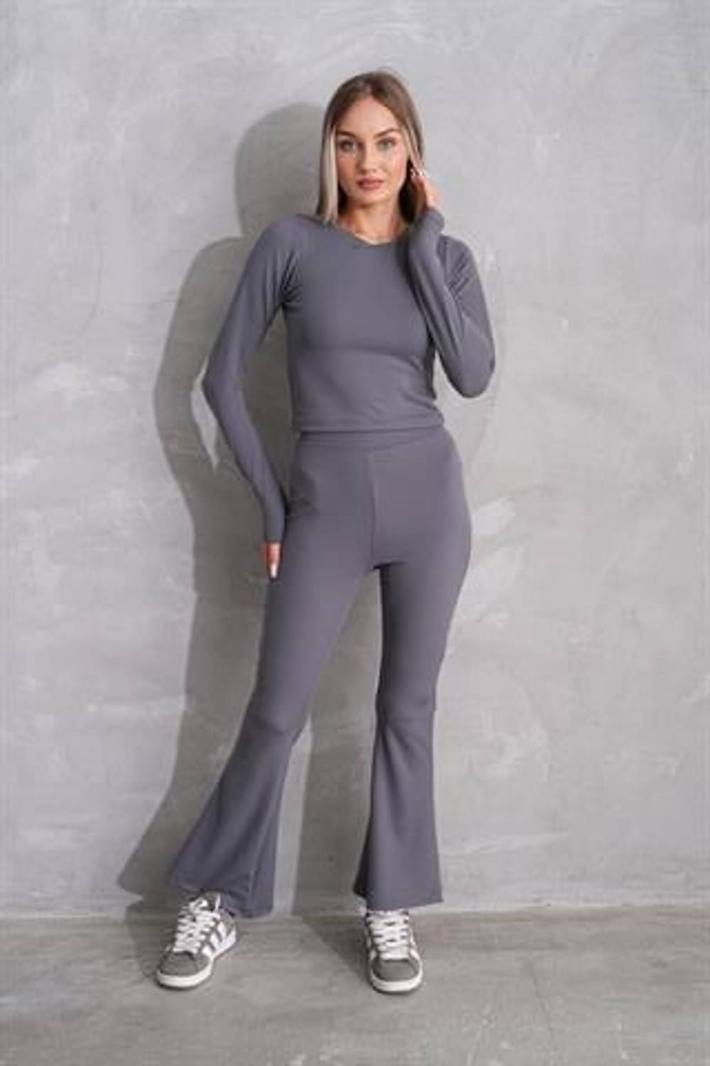 Kadın Fitilli İspanyol Paça Tayt Body İkili Palazzo Takım GRİ