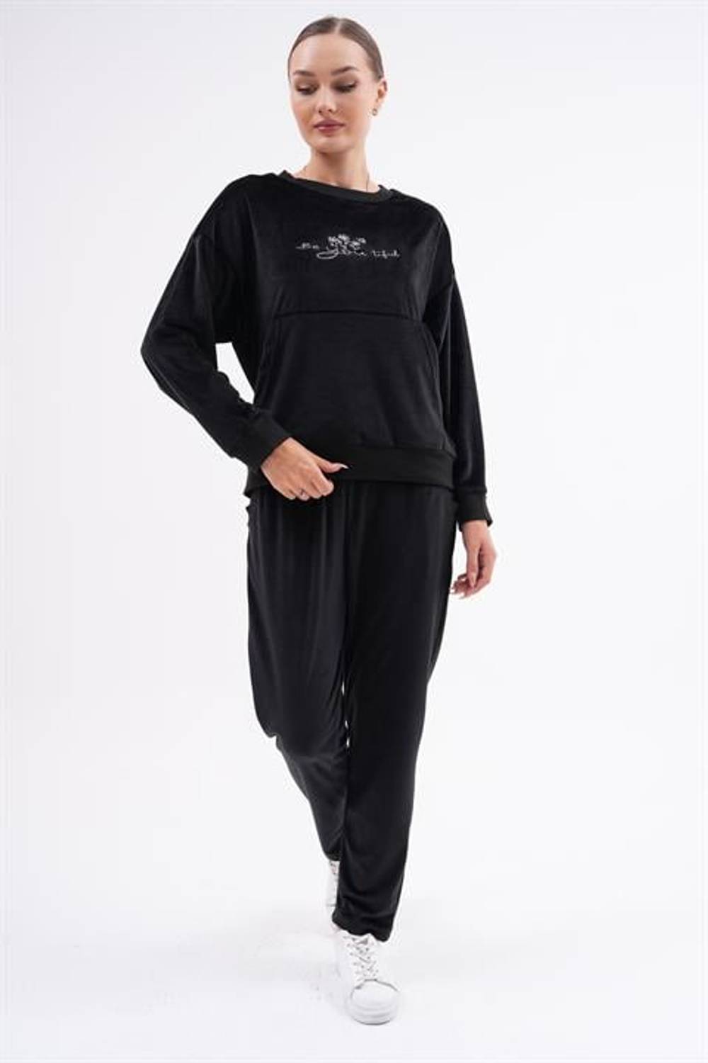 Kadın Soft Kadife Baskılı Eşofman Takımı SİYAH