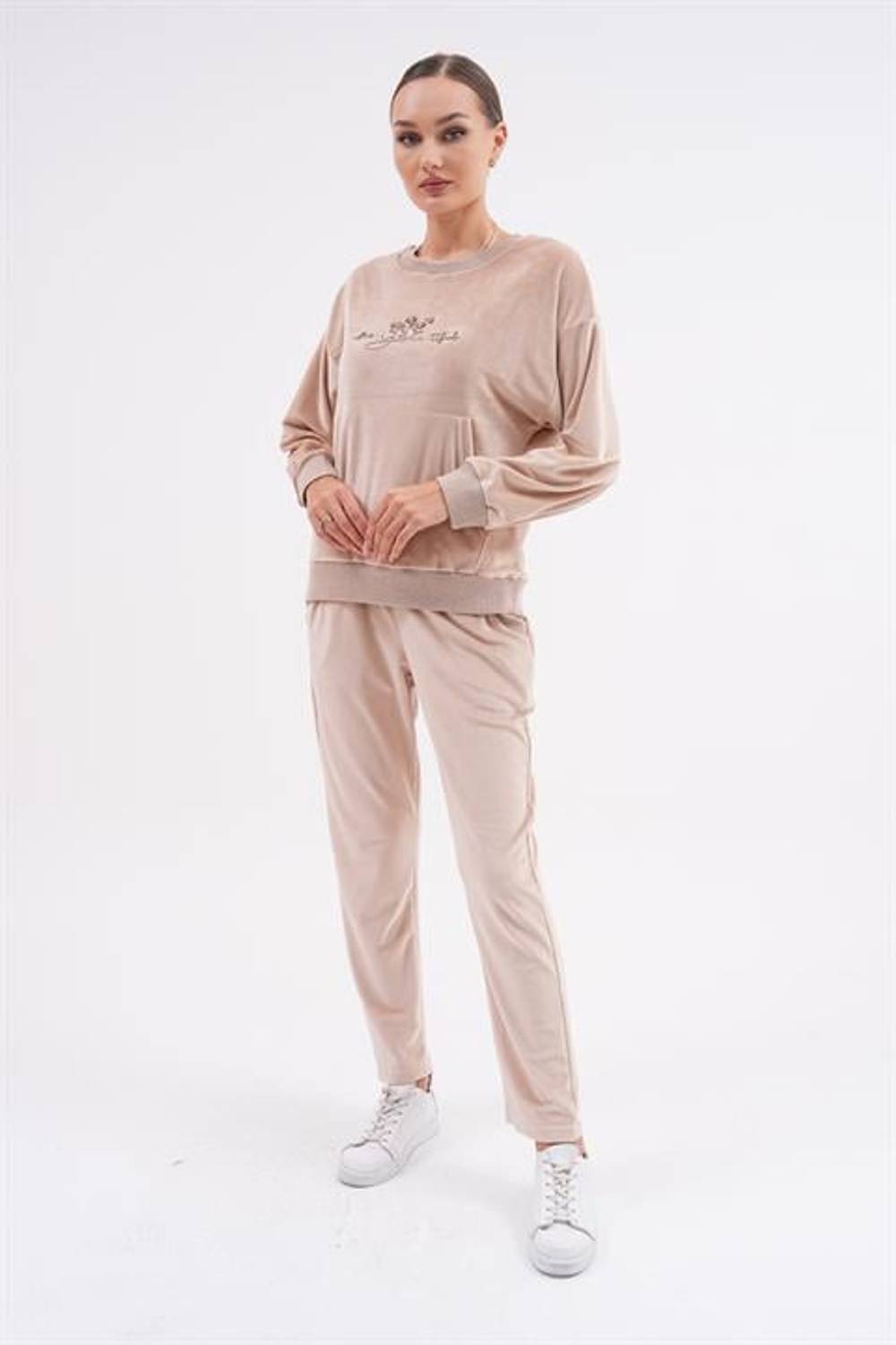 Kadın Soft Kadife Baskılı Eşofman Takımı BEJ