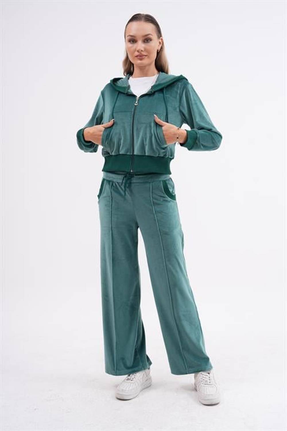Kadın Soft Kadife Palazzo Paça Forever İkili Takımı ZÜMRÜT