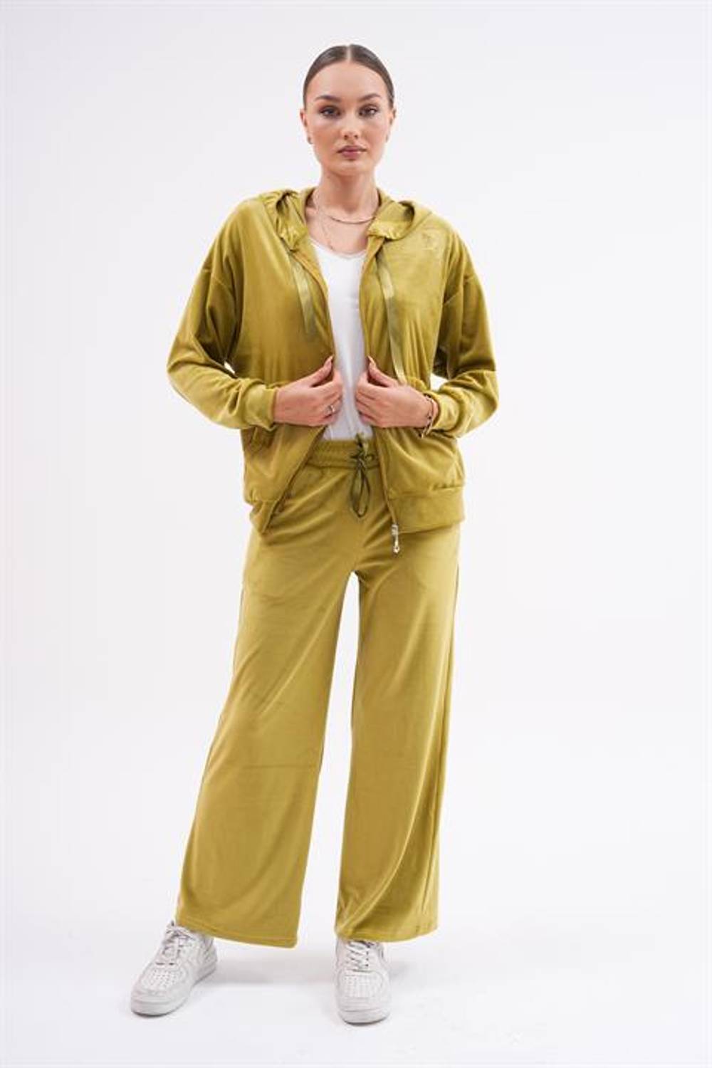 Kadın Soft Kadife Palazzo Paça Kelebek Baskılı Eşofman Takımı YEŞİL