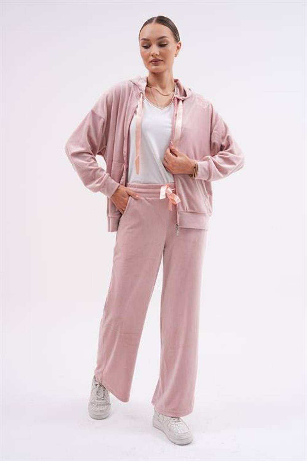 Kadın Soft Kadife Palazzo Paça Kelebek Baskılı Eşofman Takımı PUDRA