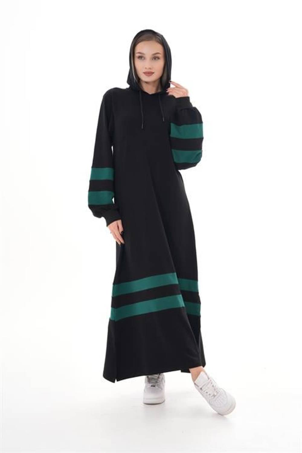 Kadın İkiiplik Şeritli Balon Kol Spor Elbise ZÜMRÜT