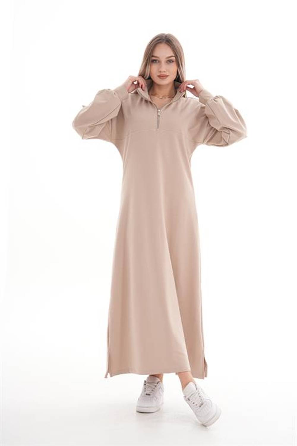 Kadın Yarım Fermuar Hakim Yaka Boğazlı Spor Elbise  BEJ