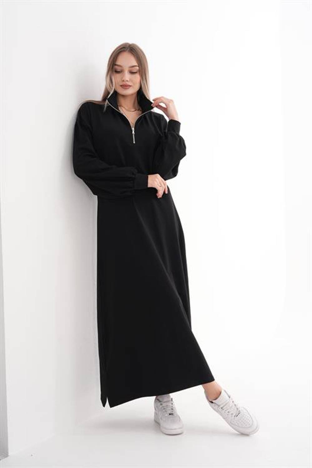 Kadın Yarım Fermuar Hakim Yaka Boğazlı Spor Elbise  SİYAH