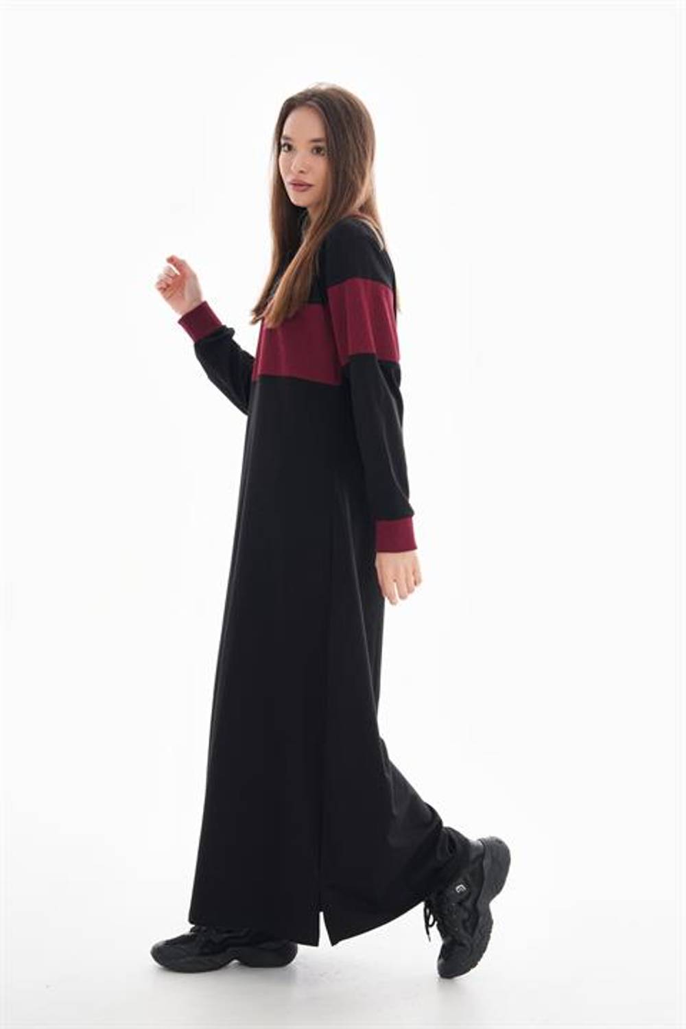 Сукня для жінок з кольоровими блоками і рибаною деталі, бордова, комір-кіл, повсякденний спортивний стиль, універсальний розмір S, M, L, XL, 2XL