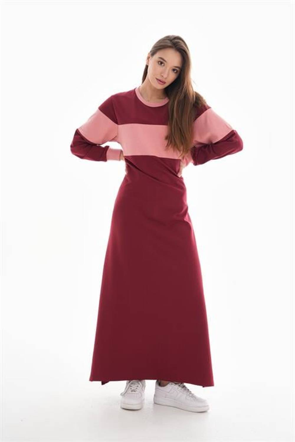 Kadın Ribana Detaylı Renk Bloklu Günlük Spor Elbise YAVRU AĞZI