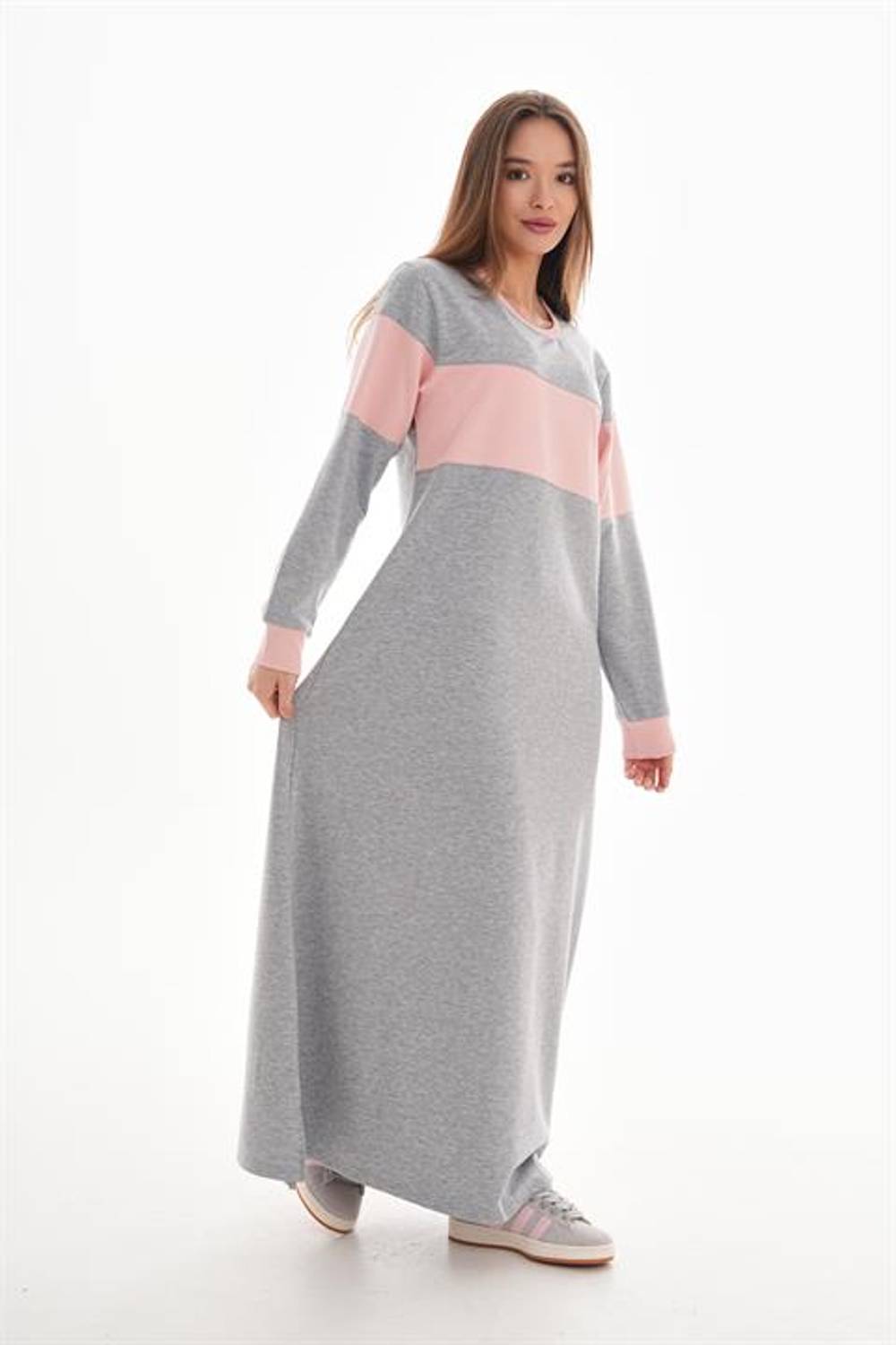 Kadın Ribana Detaylı Renk Bloklu Günlük Spor Elbise PUDRA