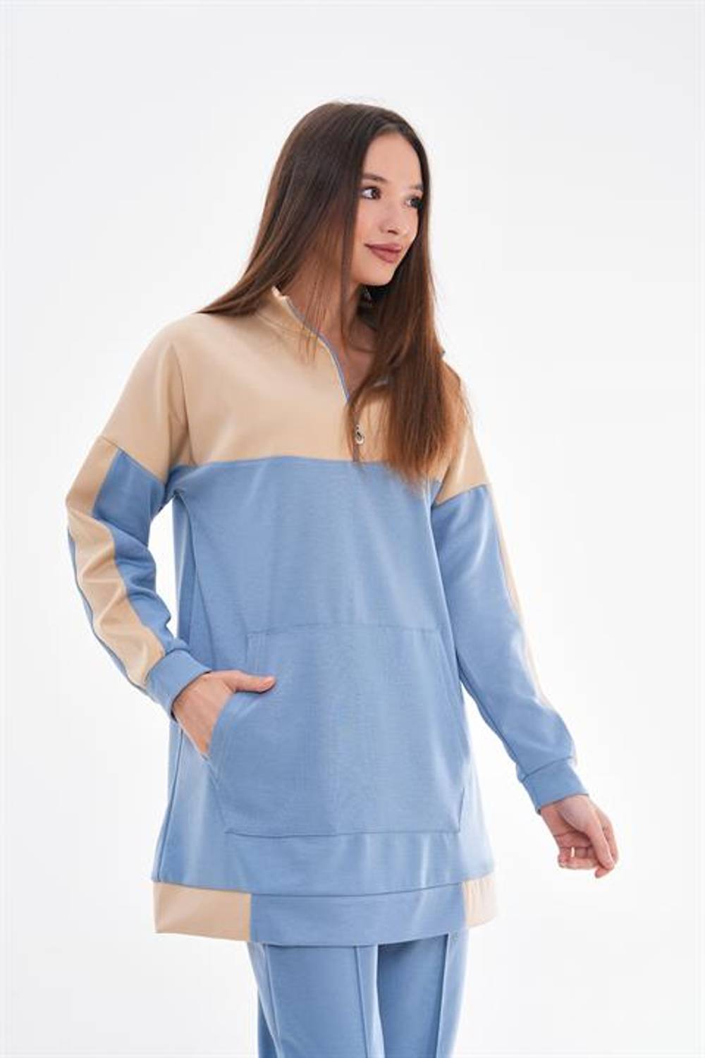 Kadın Mavi Renk Desenli Spor İkili Günlük Takım