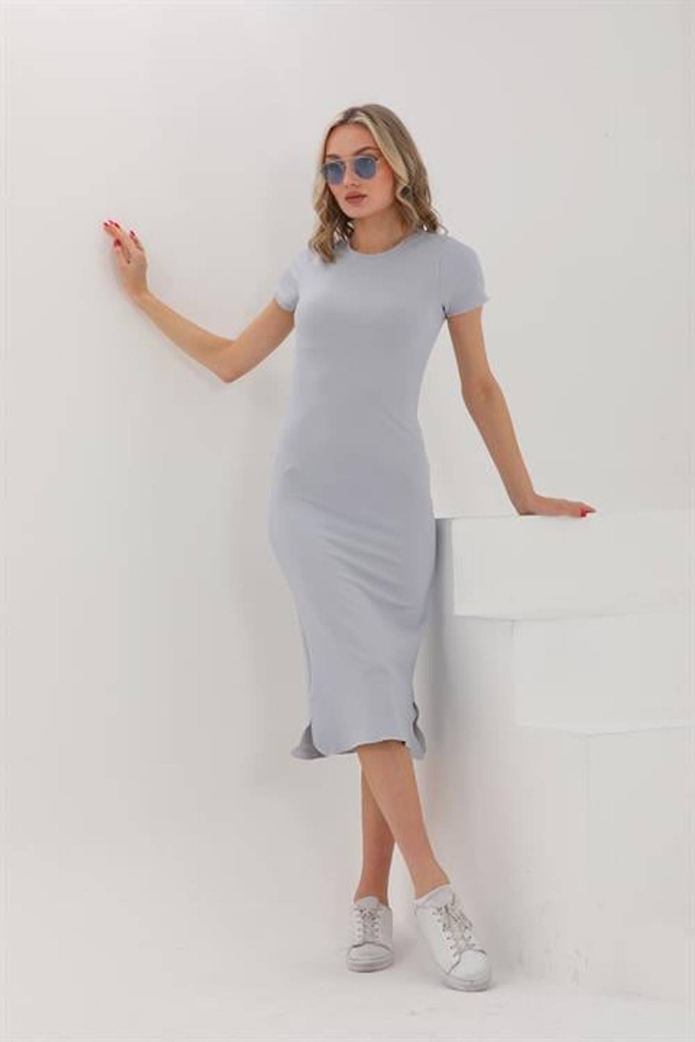 Ribbed Slit Short Sleeve Summer Midi Daily Pencil Dress Baby Blue