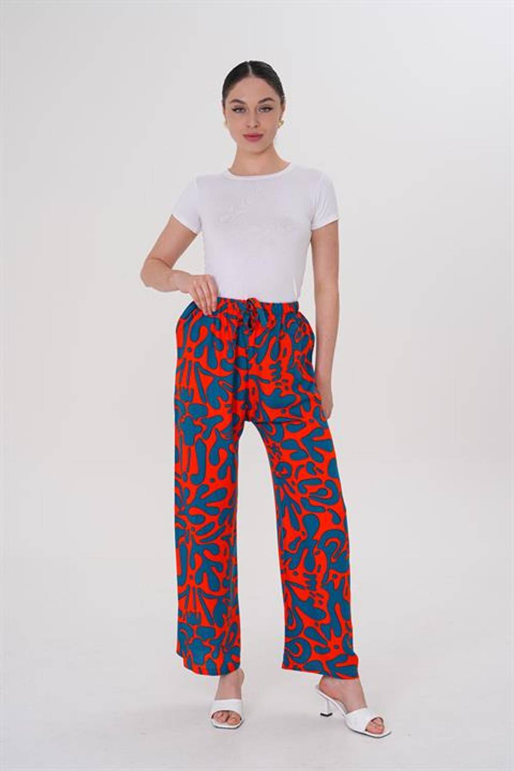 Kadın Yazlık Rahat Dijitla Baskı Desenli Viskon Pantolon