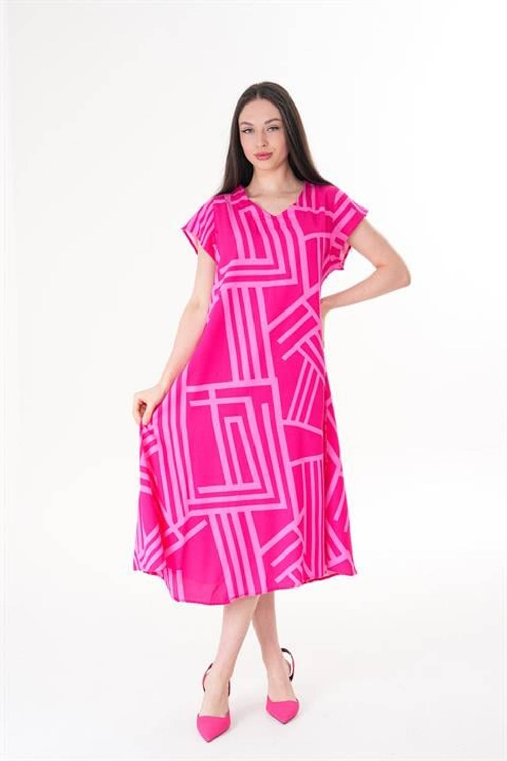 Kadın Kısa Kol Desenli Viskon Yazlık Tiril Elbise | Plaj Elbisesi | Ev Elbisesi  |  Tatil Elbisesi