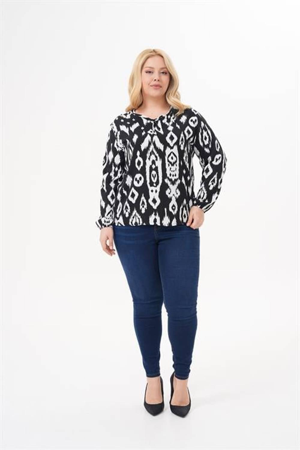 Kadın Büyük Beden Uzun Kol Yazlık Etnik Desen Bluz | Tunik | Gömlek