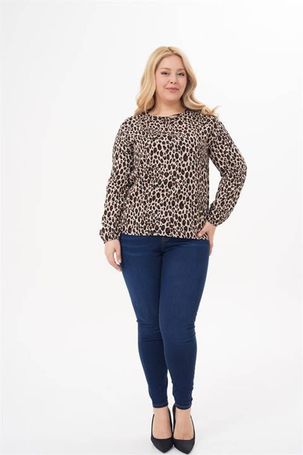 Kadın Büyük Beden Uzun Kol Yazlık Leopar Desen Bluz | Tunik | Gömlek