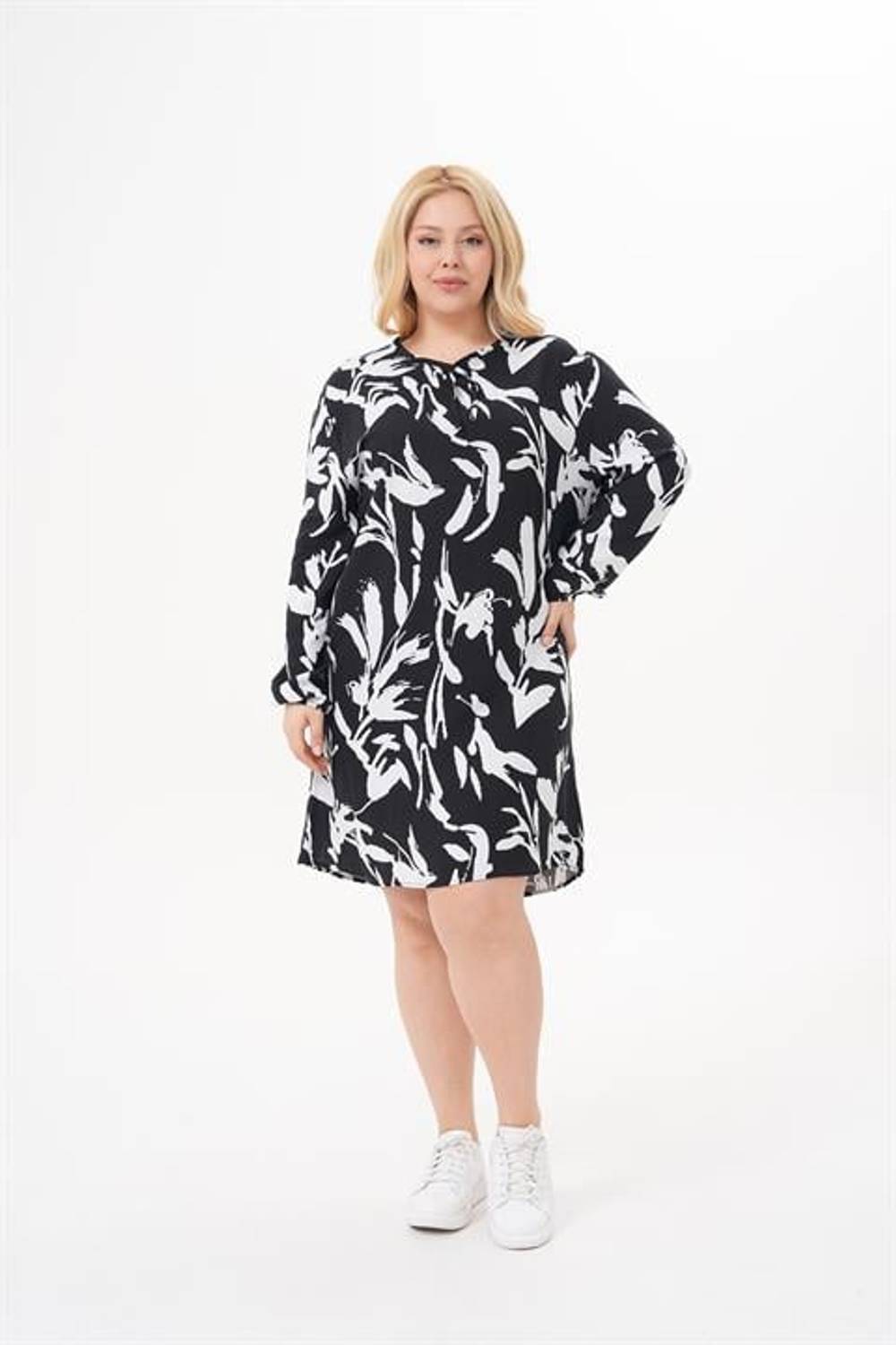 Büyük Beden Uzun Kol Yazlık Midi Elbise