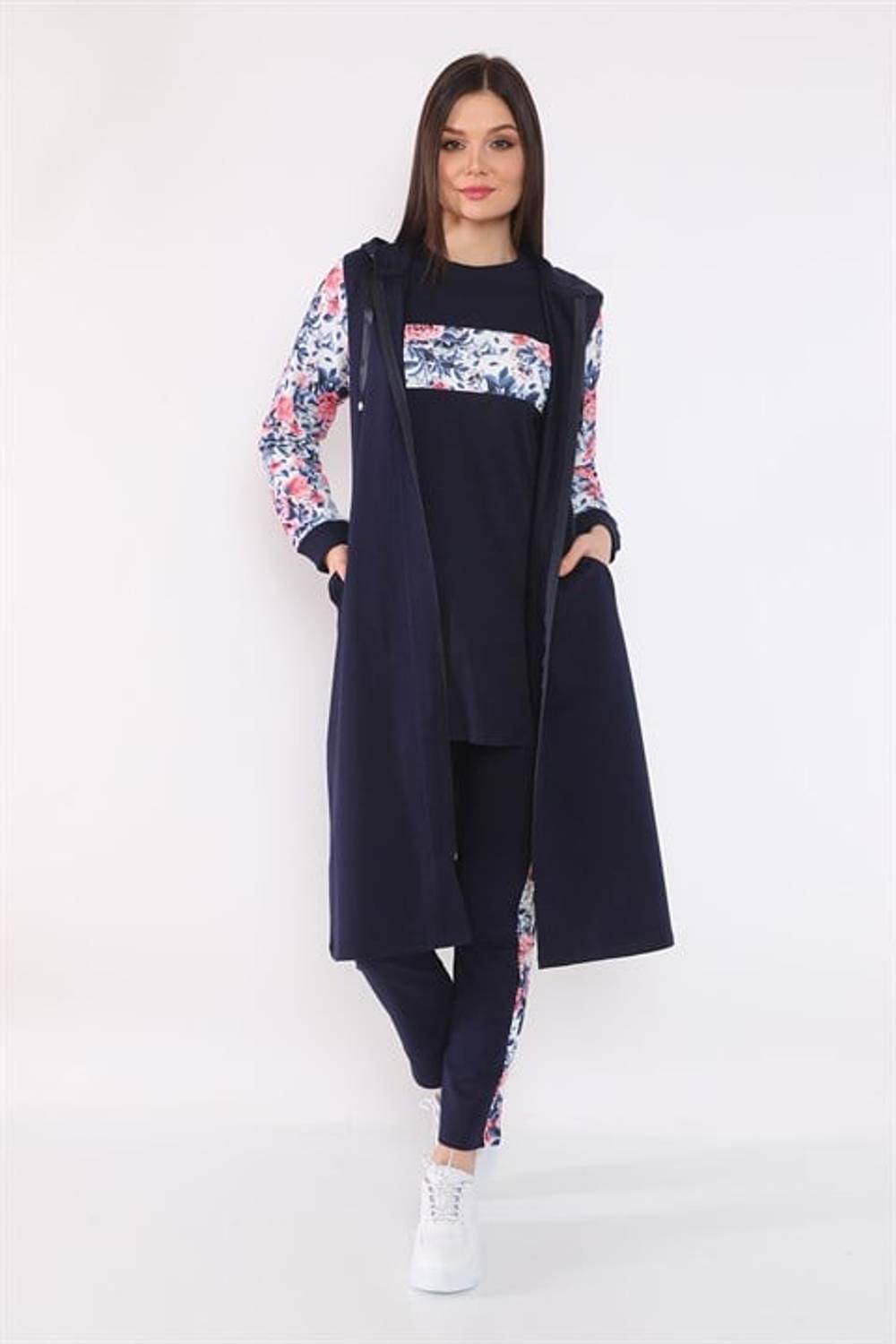 طقم بدلة رياضية حجاب ثلاثية حجاب بطبعة رقمية بسحاب للنساء