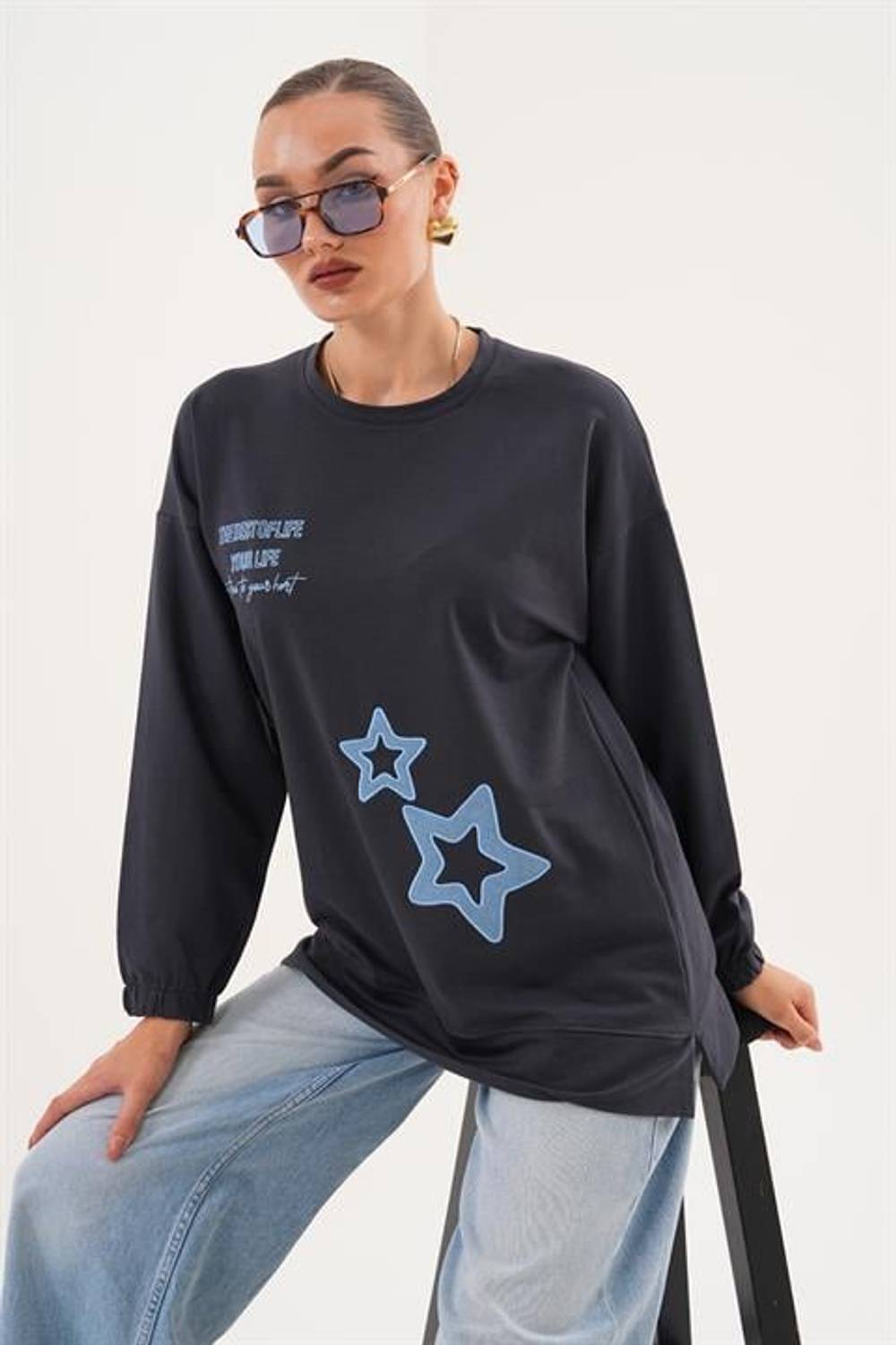 Siyah Yıldız Desenli Bisiklet Yaka Kadın Sweatshirt Tunik 711