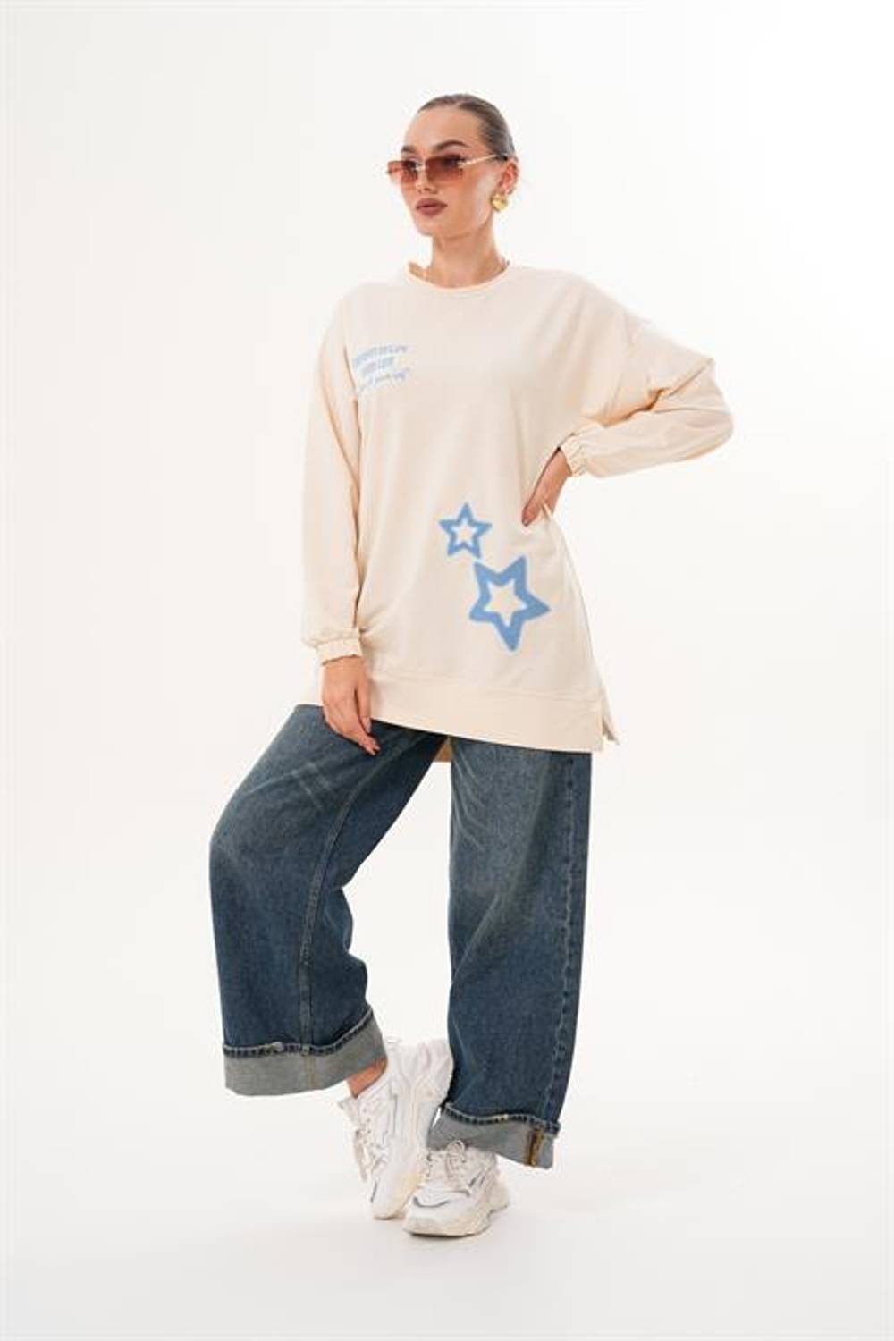 BEJ Yıldız Desenli Bisiklet Yaka Kadın Sweatshirt Tunik 711