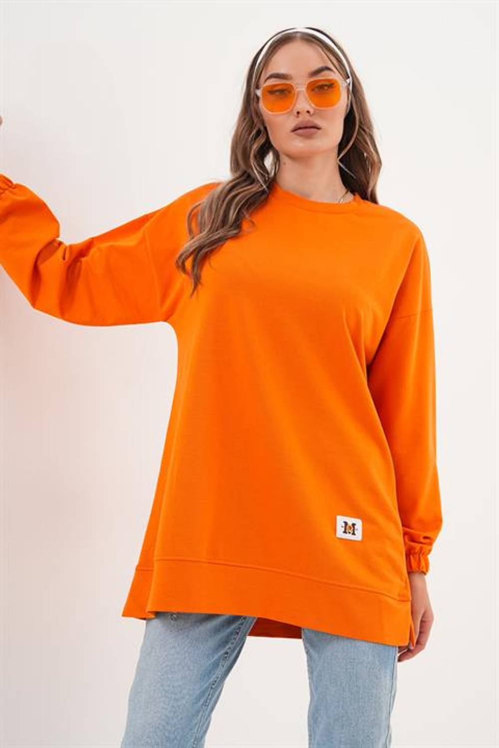Turuncu Düz Basic Bisiklet Yaka Uzun Kol Kadın Sweatshirt Tunik 710
