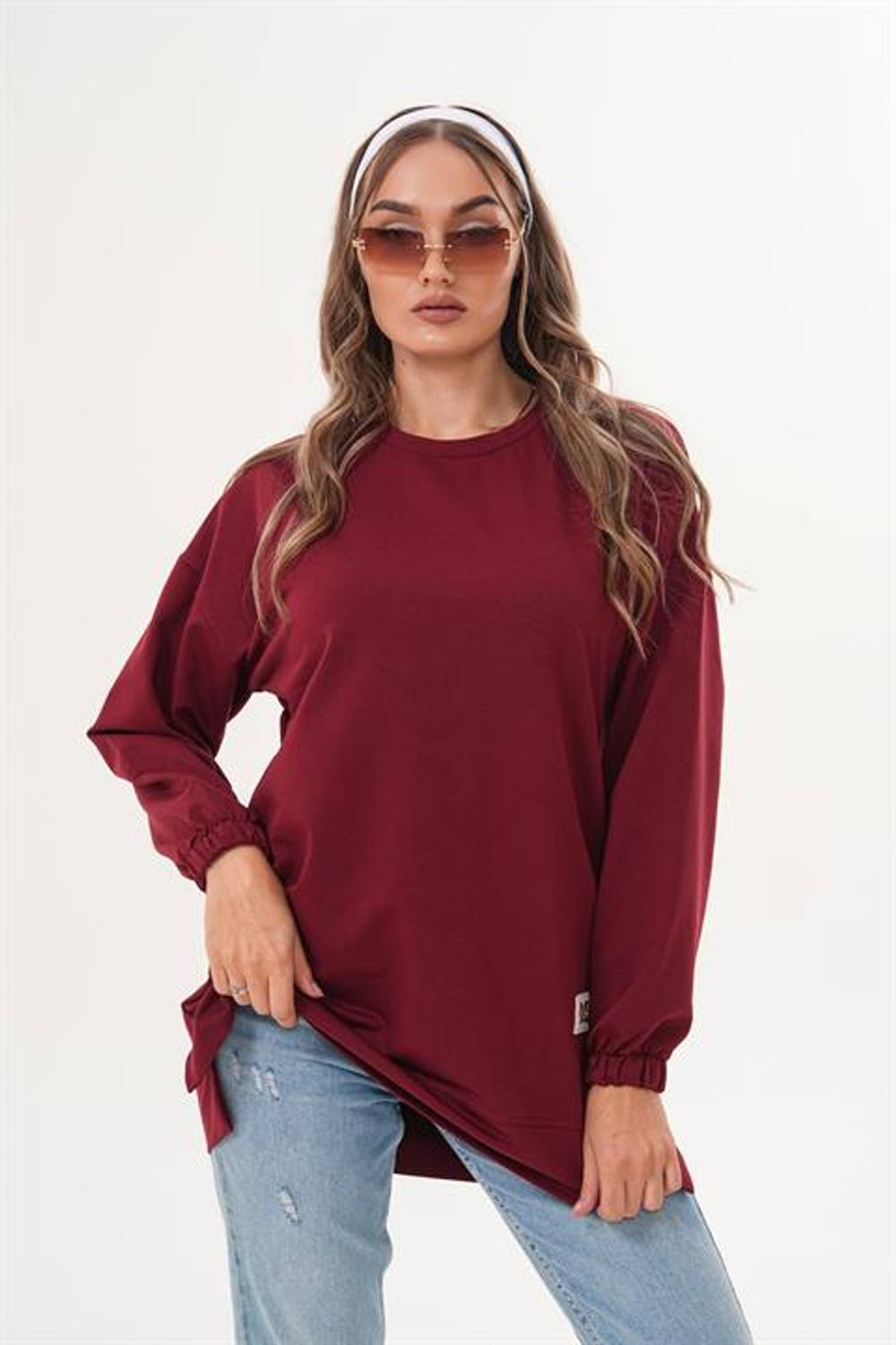 Bordo Düz Basic Bisiklet Yaka Uzun Kol Kadın Sweatshirt Tunik 710