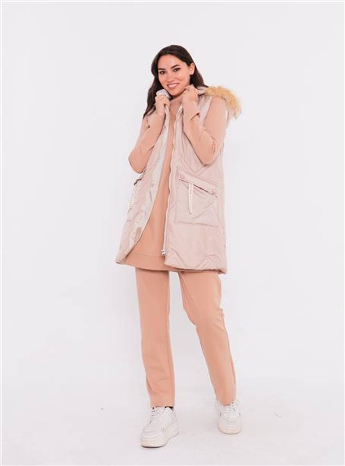 سارة سبورت بدلة ثلاث قطع مع سترة قابلة للنفخ بغطاء للرأس - 70030 - بيج