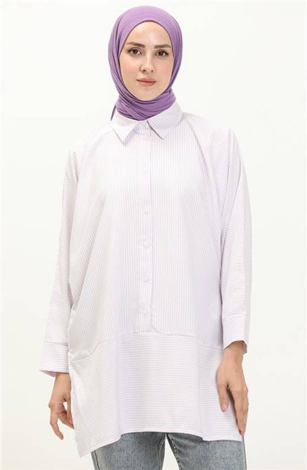 Slit Detailed Long Sleeve Plain Basic Shirt - 70042 - Lilac