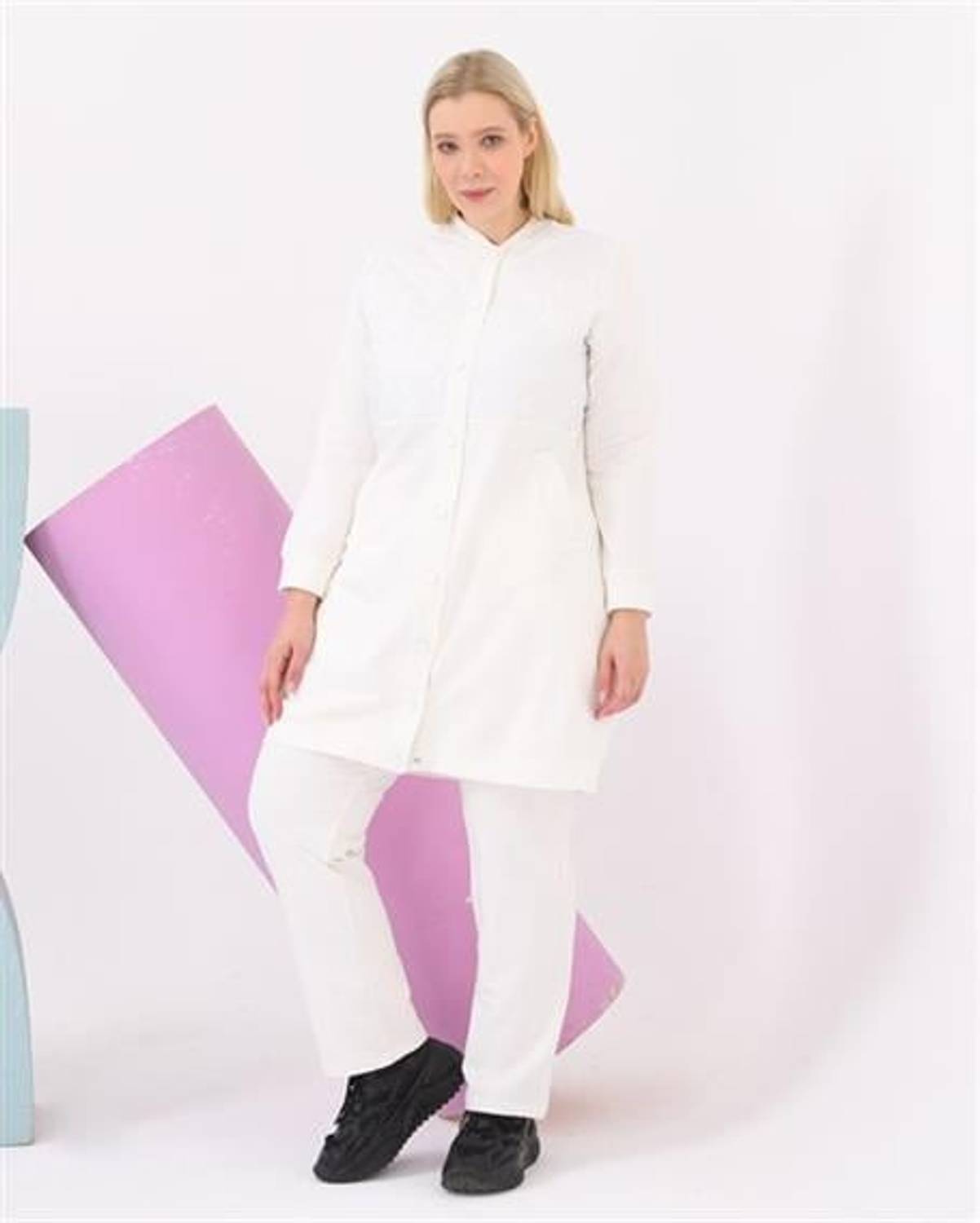 Hafsa Kapitone Detaylı Bomber Büyük Beden İkili Spor Takım - 12007 - Krem