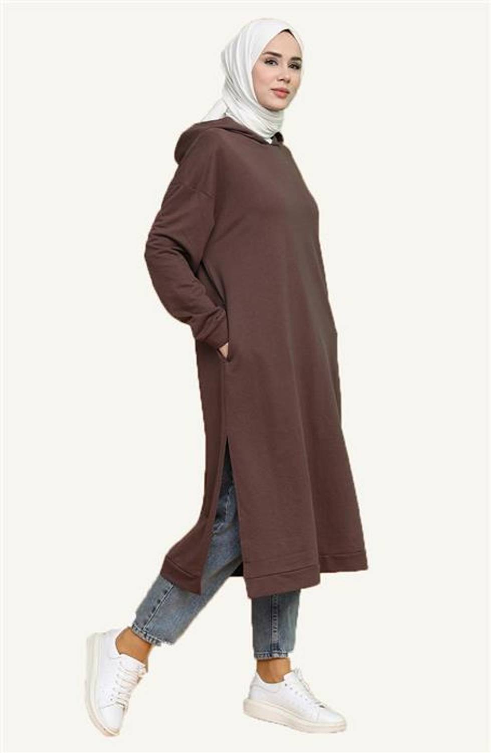 Atlas Hooded Long Plain Basic Sweatshirt - Brown - AK01010.03007