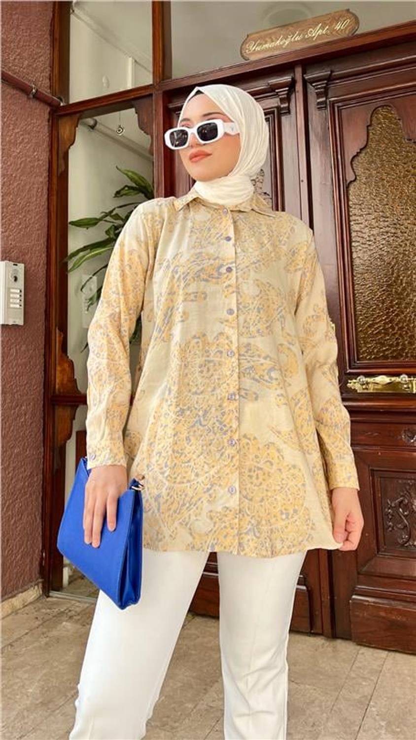 قميص مزخرف بتفاصيل طباعة الليمون - موديل 71132 - لون إنديغو - قياس موحد