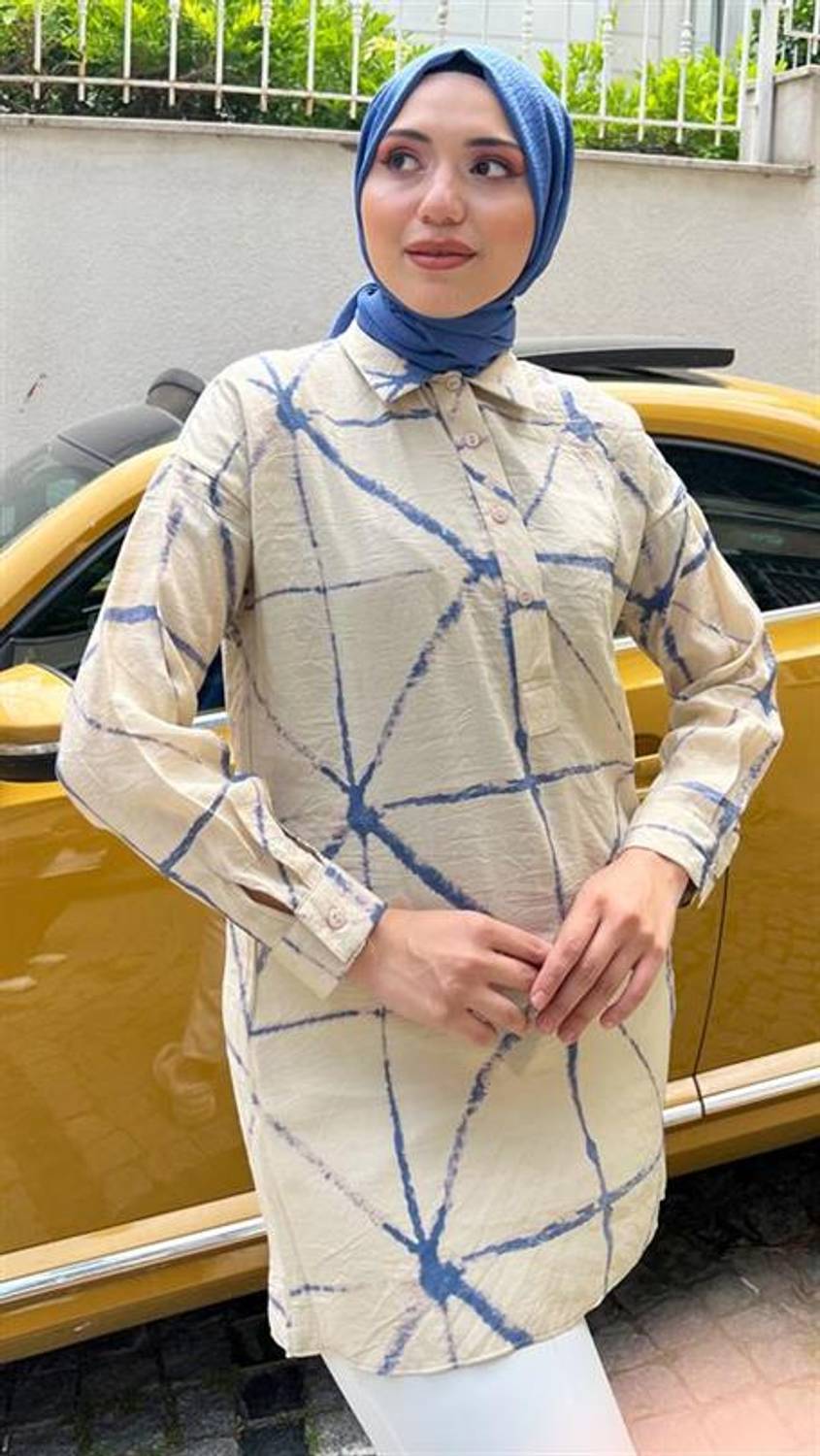 Сорочка Hera з вишуканими деталями, бежево-синя, різні розміри 38-46