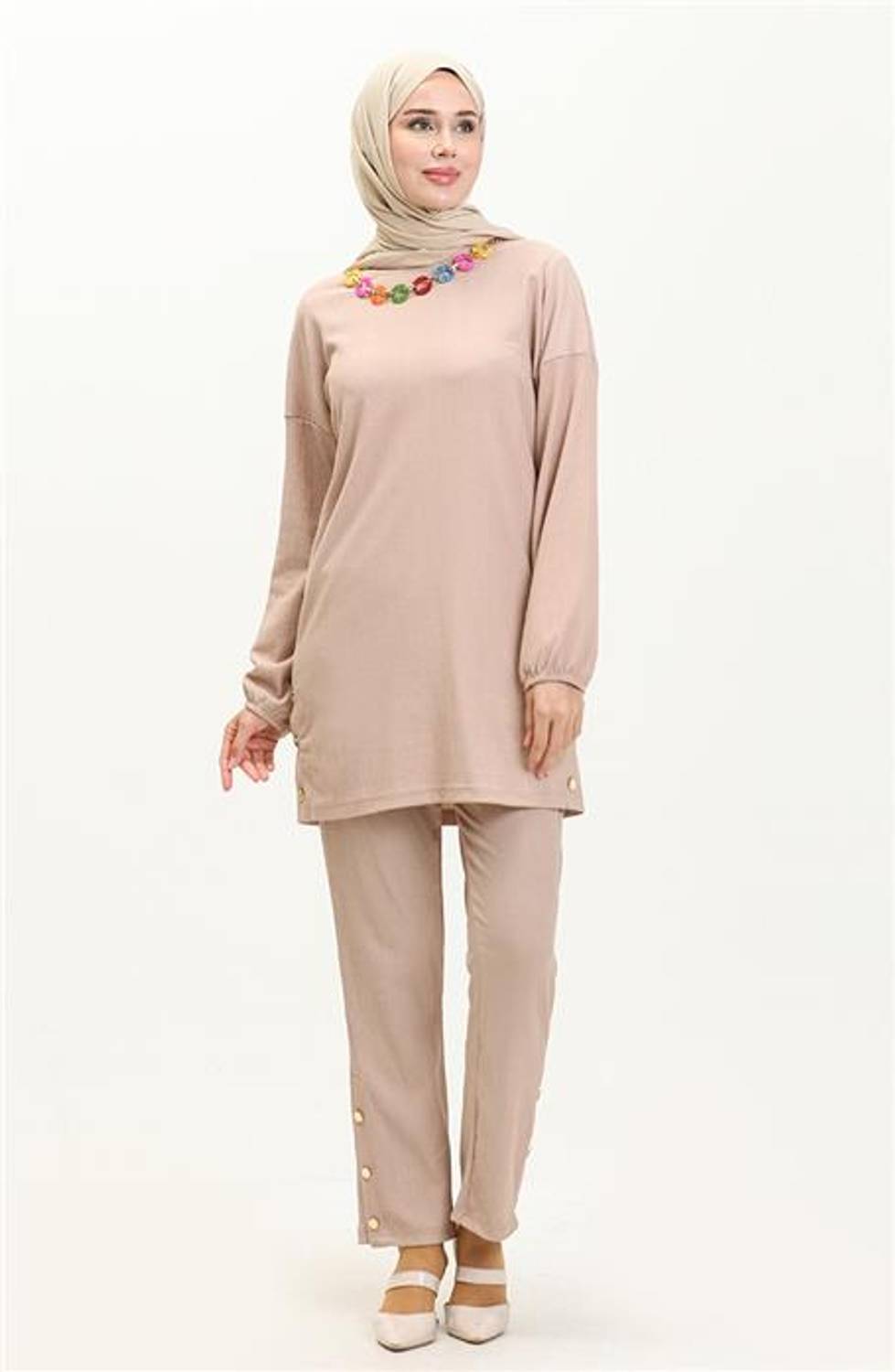 Candy Kolye Detaylı Tunik Pantolon İkili Takım - 71136 - Bej