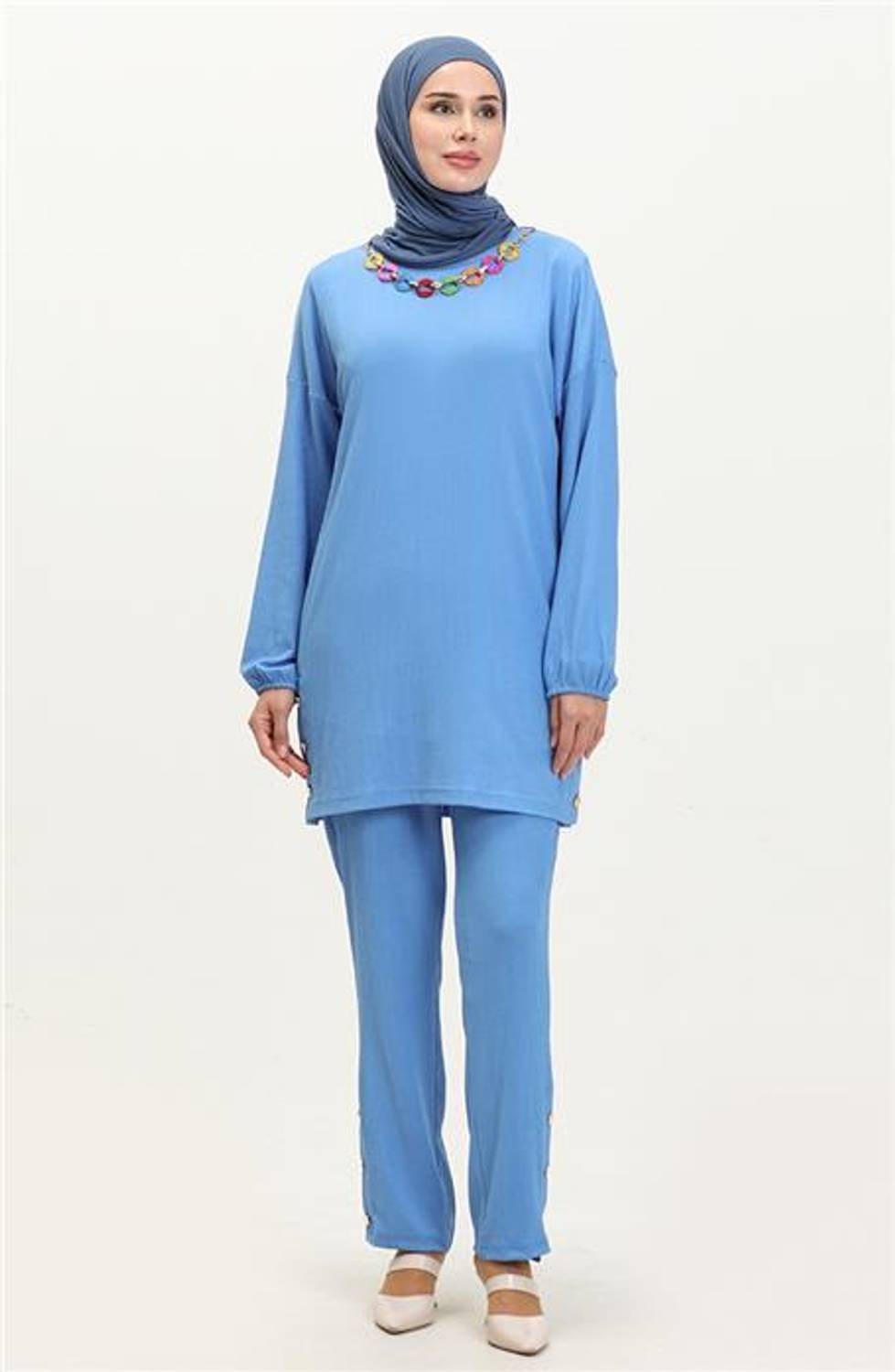 Комплект з туніки та штанів Candy з деталями, колір сакс, розміри 38-46, стильний спортивний одяг на літо