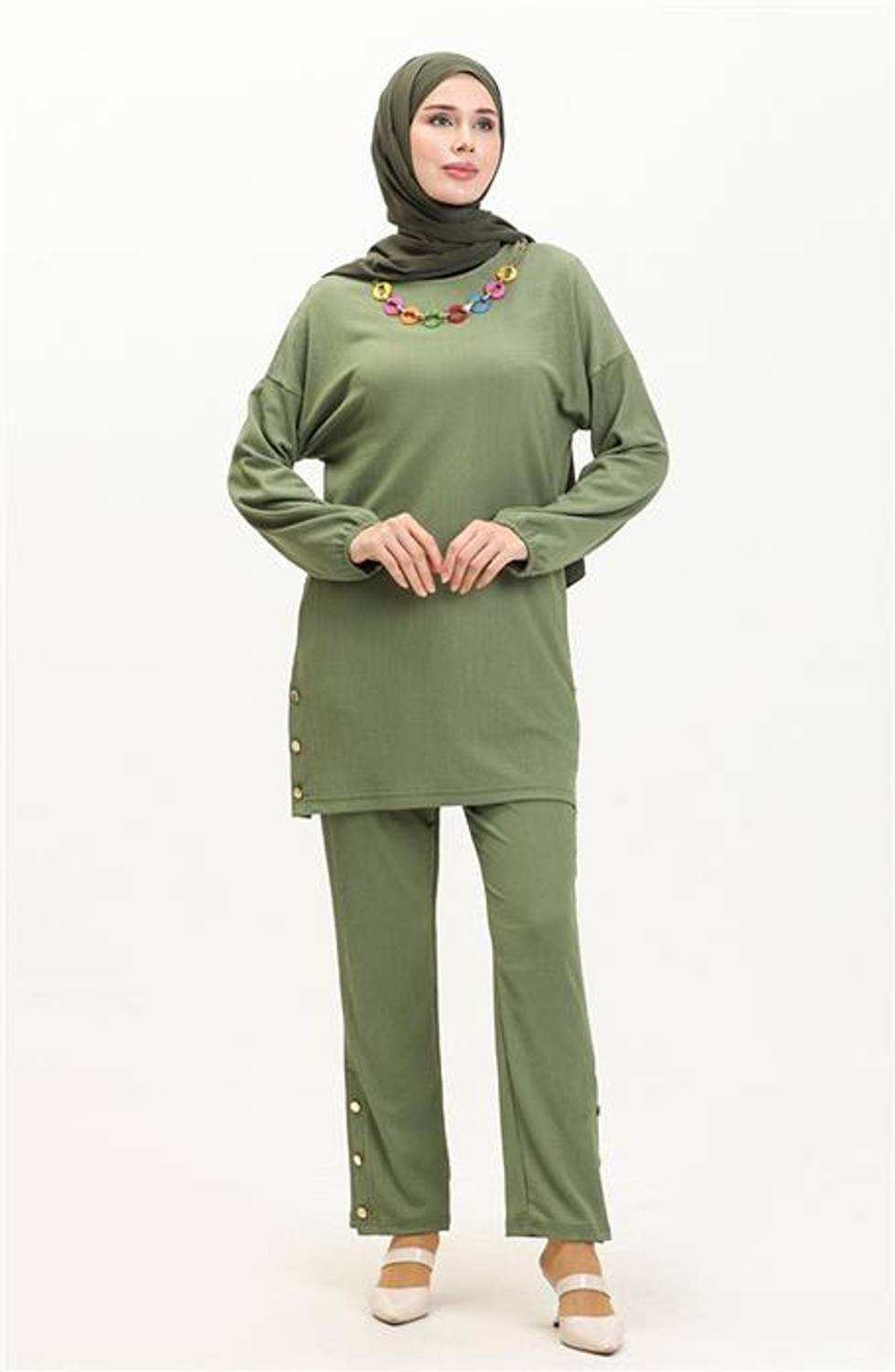 Candy Necklace Detailed Tunic Trousers Double Set - 71136 - Khaki
