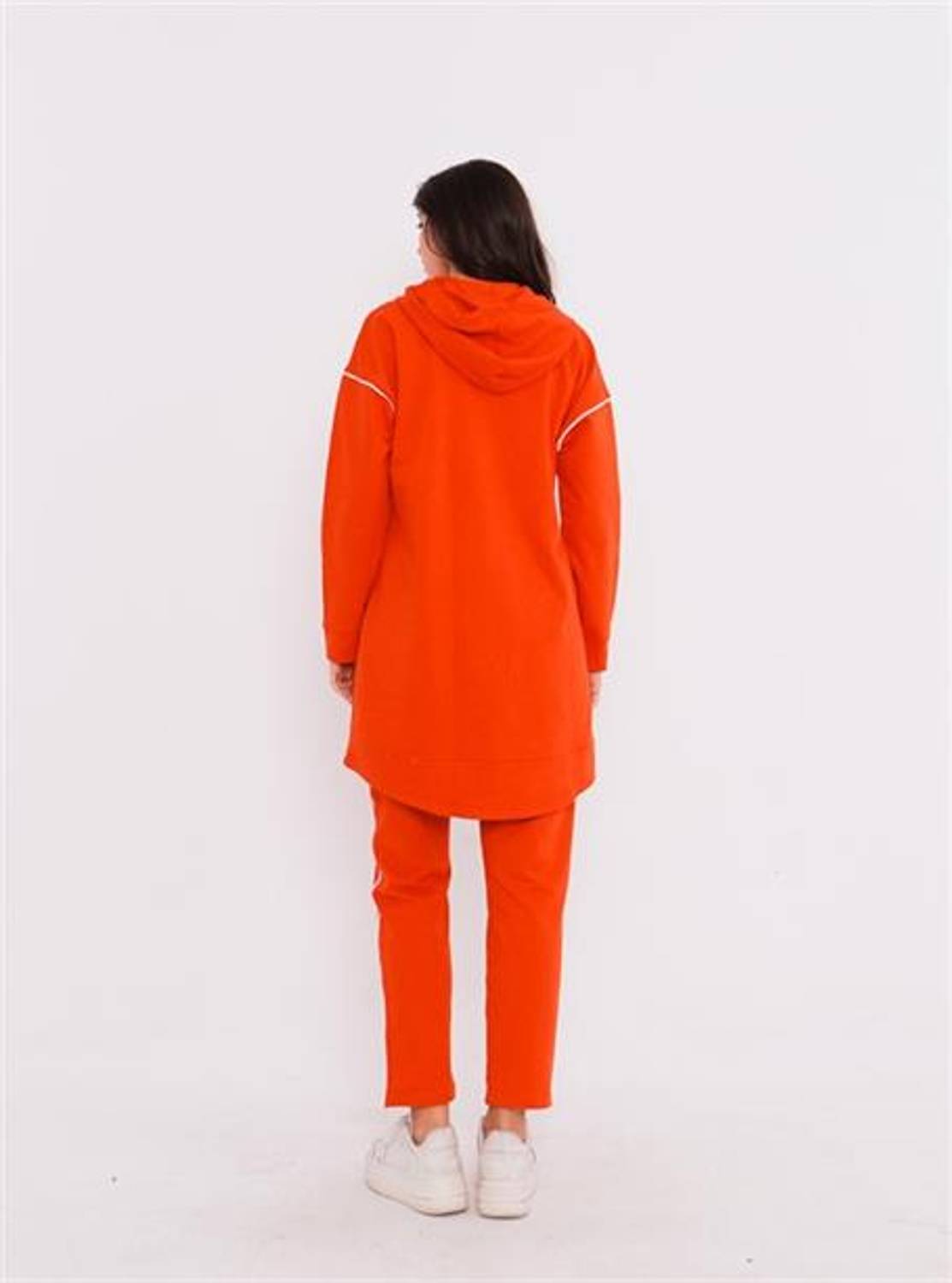 Pare Şerit Detaylı Kapüşonlu Spor İkili Takım - 70097 - Oranj