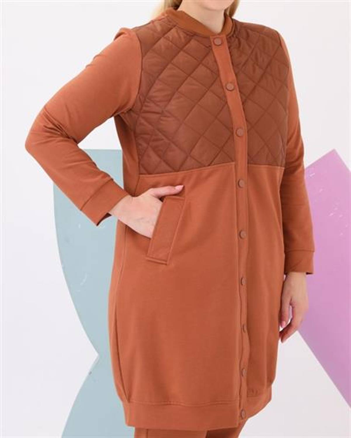 Hafsa Kapitone Detaylı Bomber Büyük Beden İkili Spor Takım - 12007 - Taba