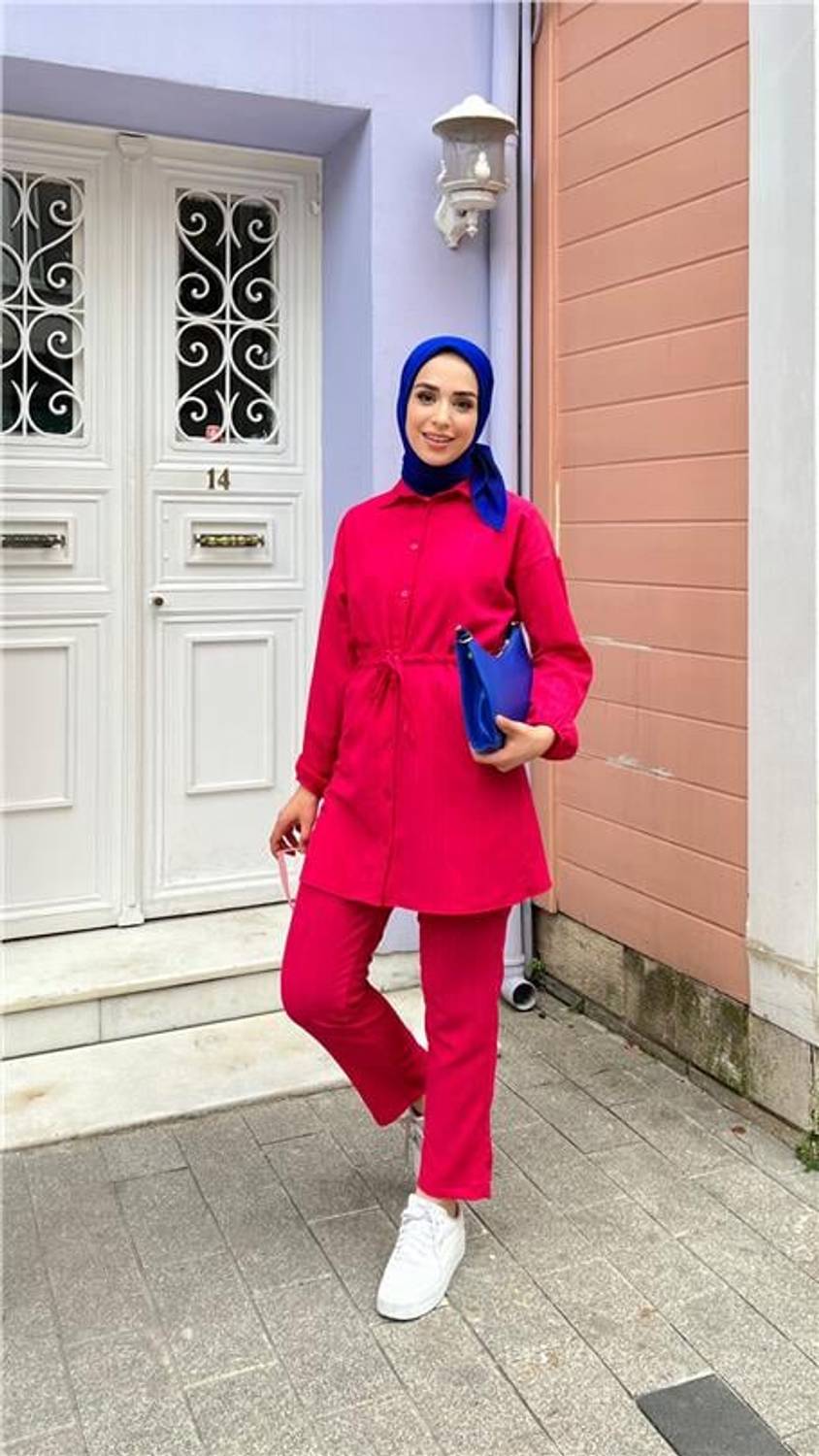 Floria Kolları Lastikli Belden Bağlamalı İkili Takım - 71138 - Fuşya