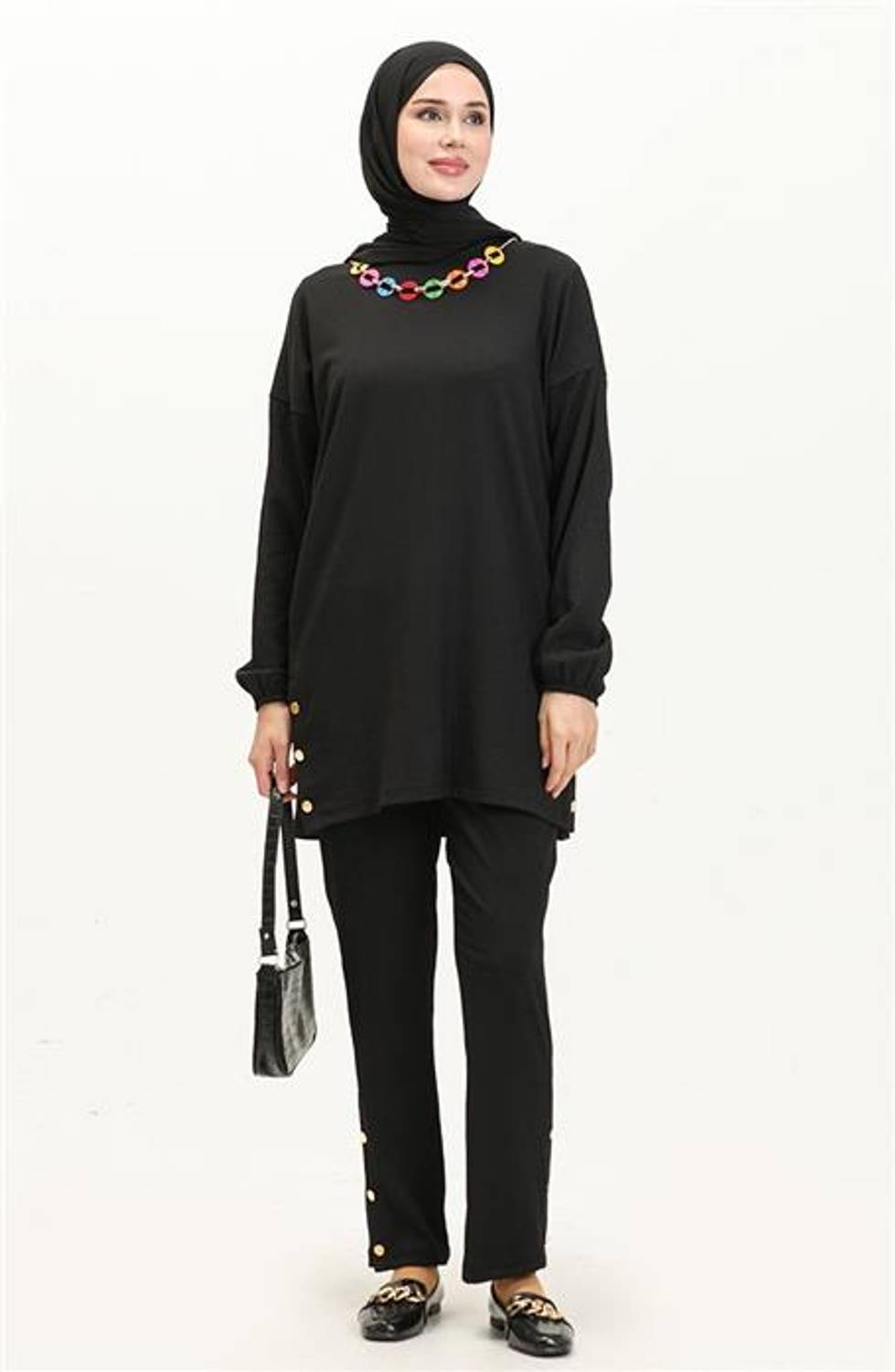 Candy Necklace Detailed Tunic Trousers Double Suit - 71136 - Black