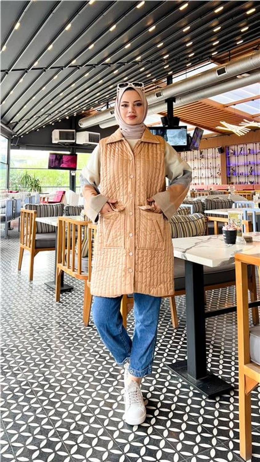 Ahenk Kapitone Cepli Kolsuz Yelek - 71152 - Bej