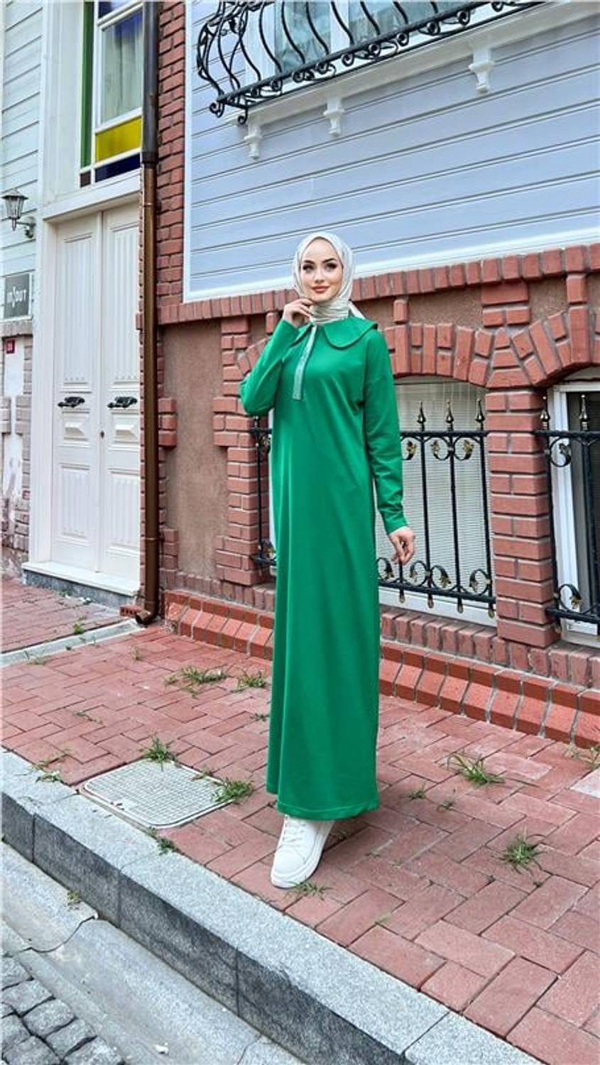 Cennet Taş Detaylı Yakalı Elbise - 71148 - Benetton Yeşil