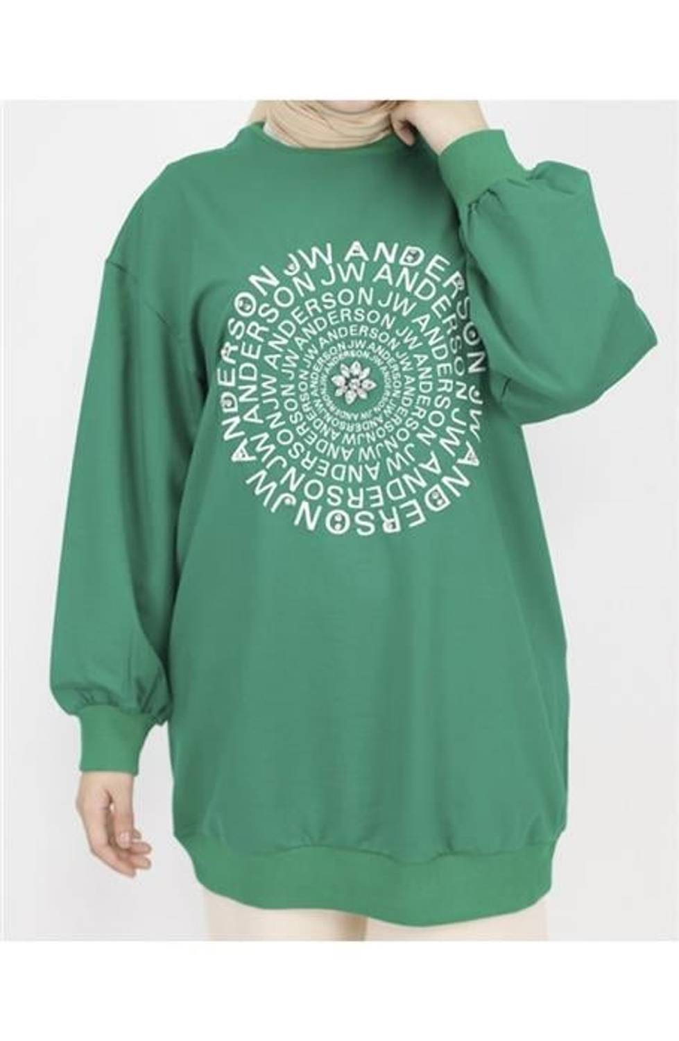 Daisy Stone Detailed Embroidery Printed Sweatshirt - 71143 - Benetton Green
