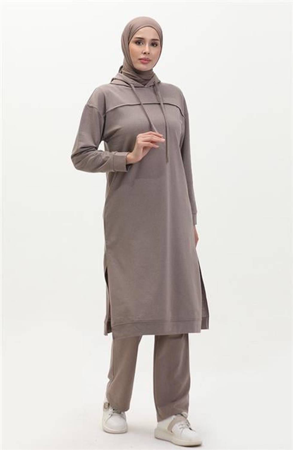 Uzun Tunik Kapşonlu Kenardan Yırtmaçlı İkili Spor Takım - Vizon - AK06006.03034