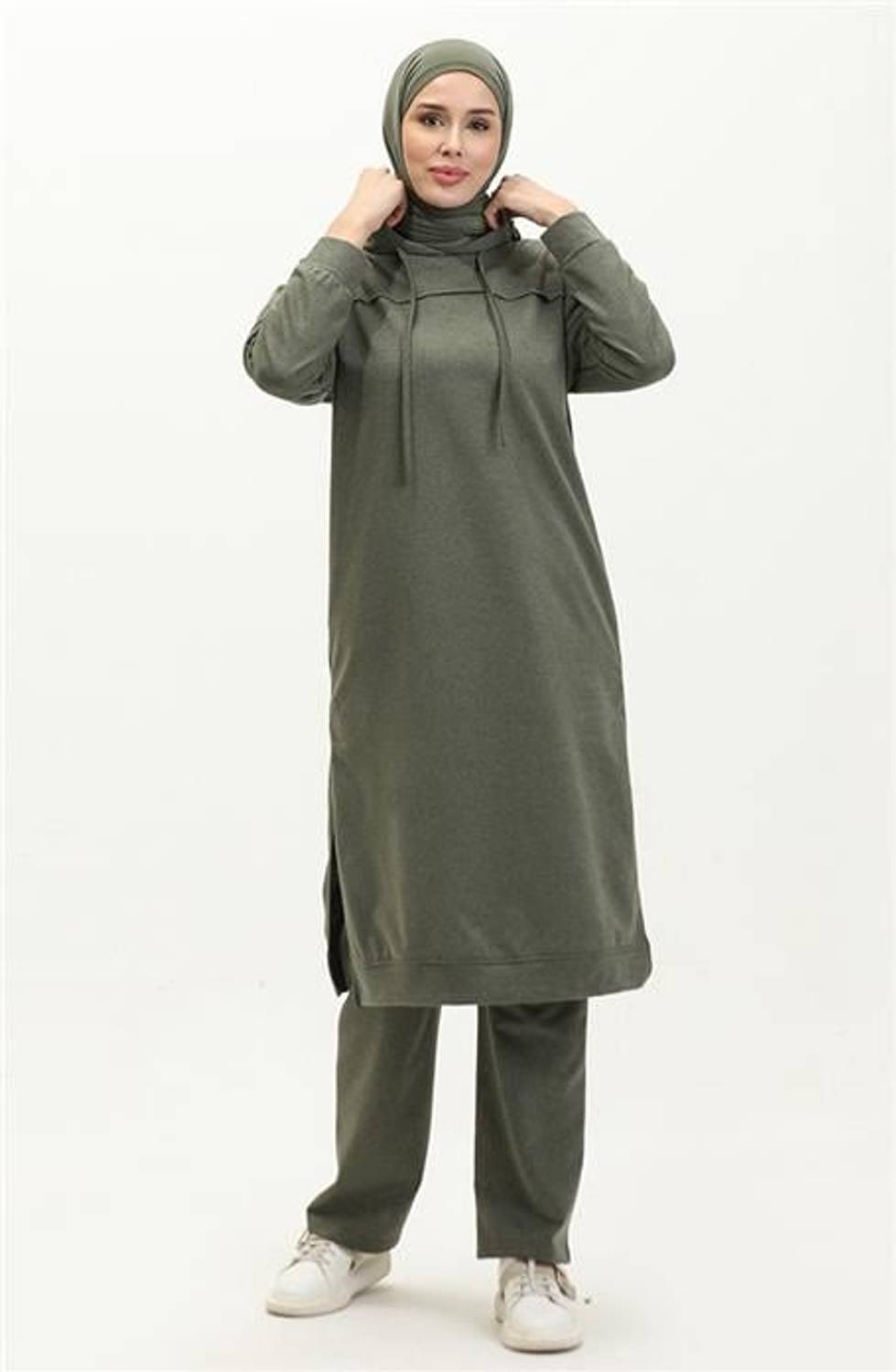 Long Tunic Hooded Double Sport Suit with Side Slits - Khaki - AK06006.03034