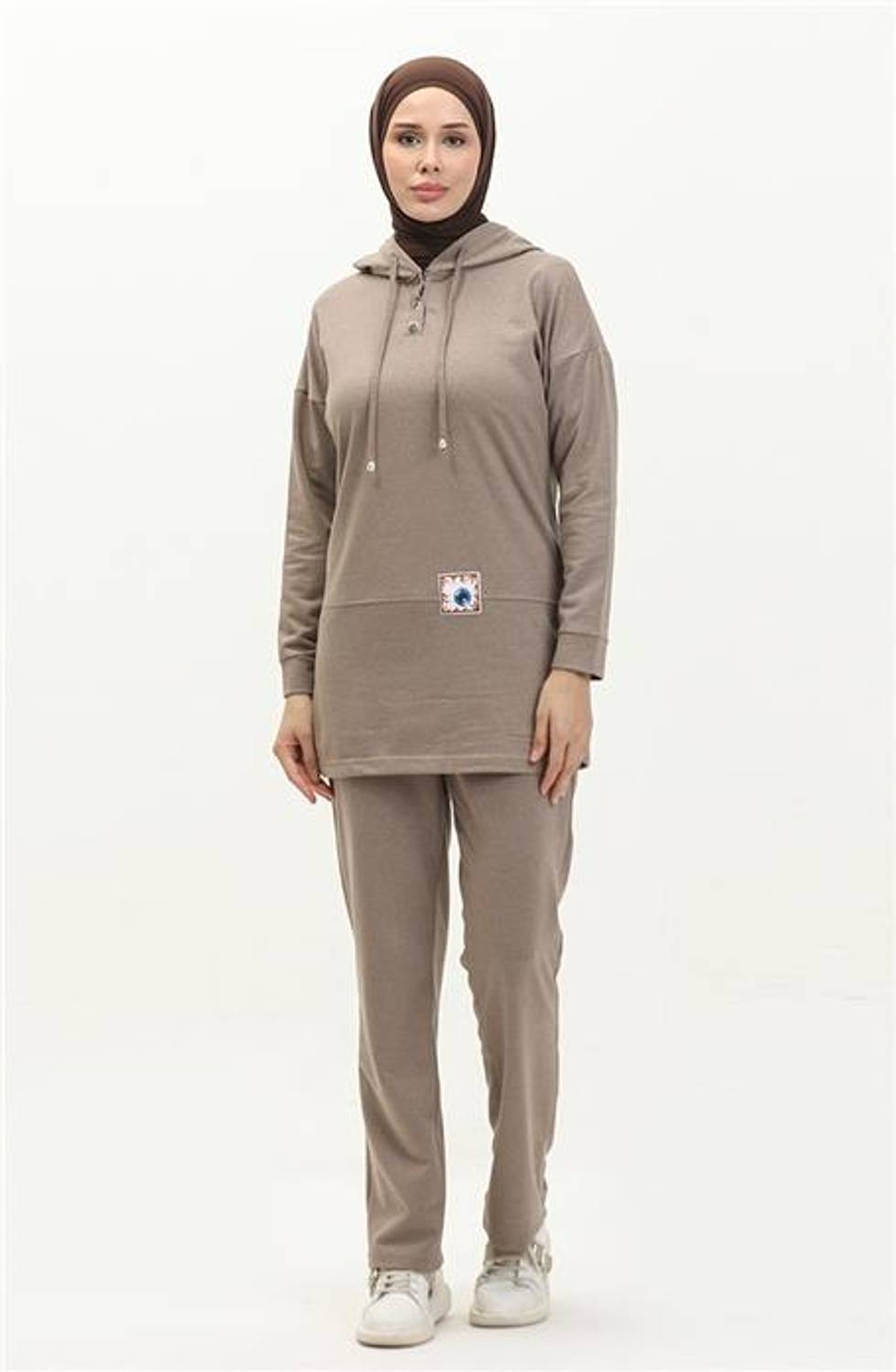 Kapşonlu Çıtçıtlı Sade Basic İkili Eşofman Spor Takımı - Vizon - AK06006.03036