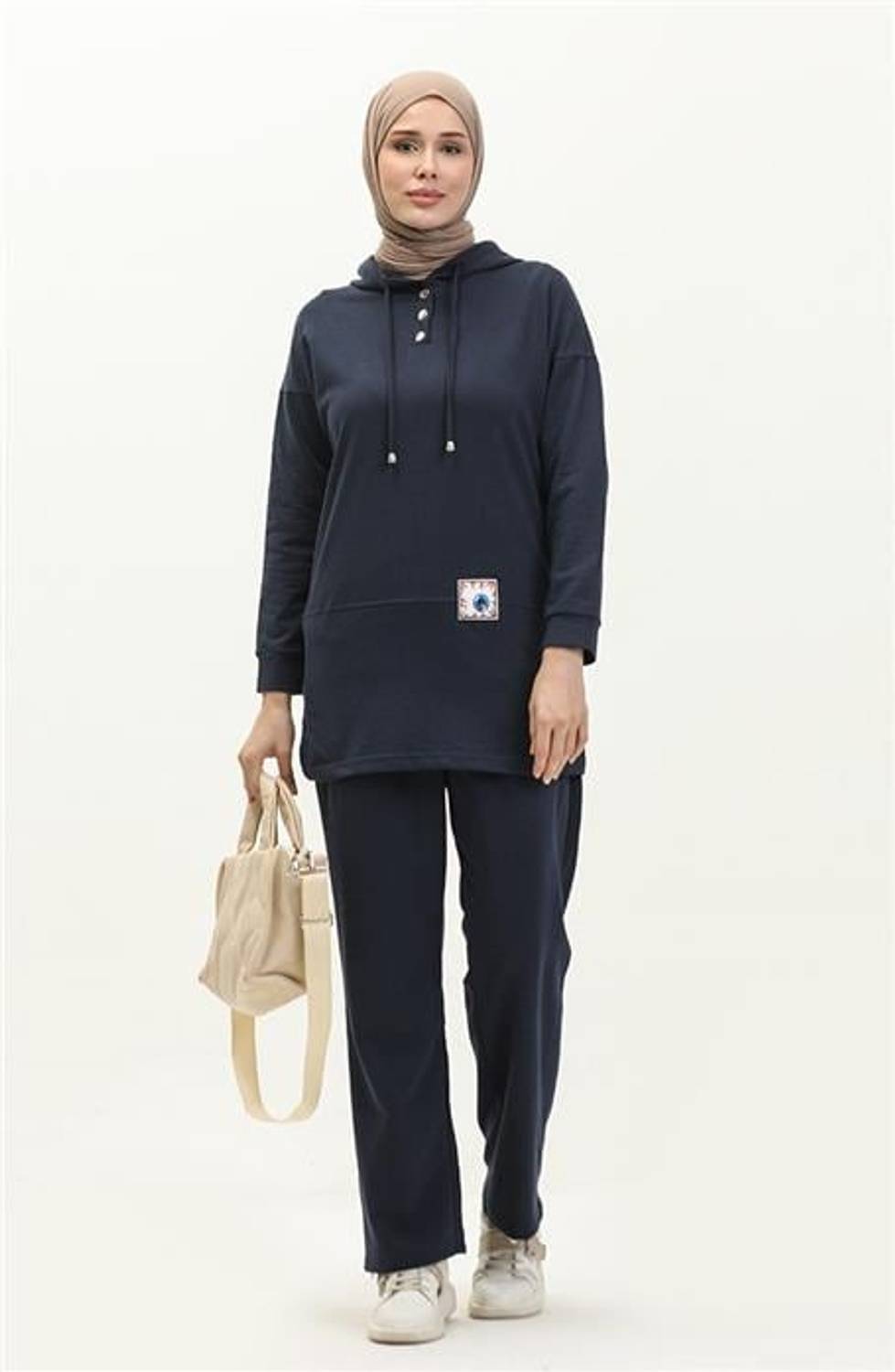 Plain Basic 2-piece Tracksuit with Hooded and Snap Fasteners - Navy Blue - AK06006.03036