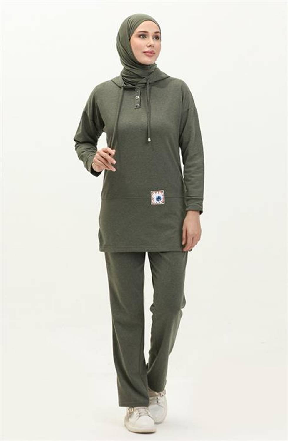 Спортивний комплект з капюшоном та кнопками, базовий, двокольоровий - Хакі