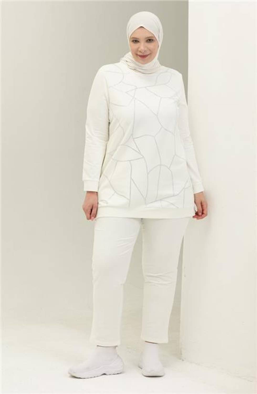 Payidar Stone Printed Plus Size Tracksuit Sports Set - Cream - AK04006.12005